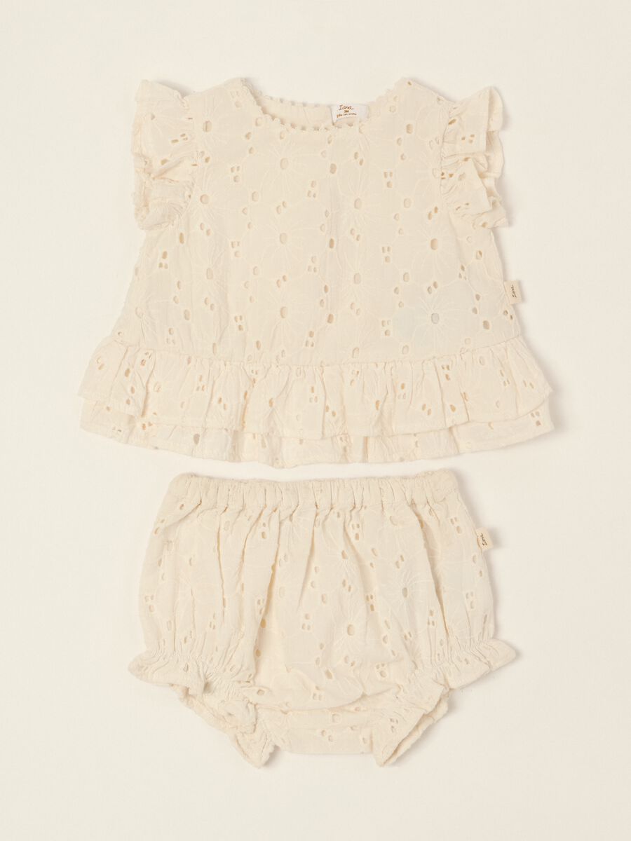 White broderie anglaise pure cotton baby girl set with ruffles_0