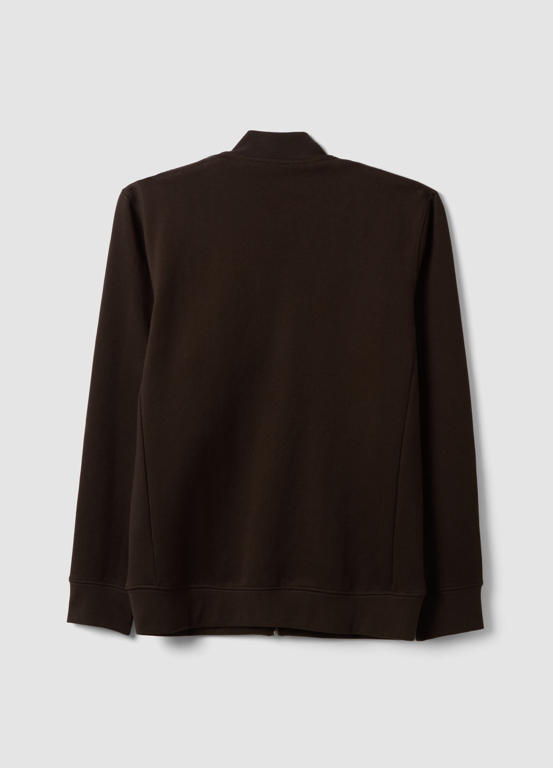 Brown full-zip sweatshirt in stretch piqu&eacute; with ribbed collar