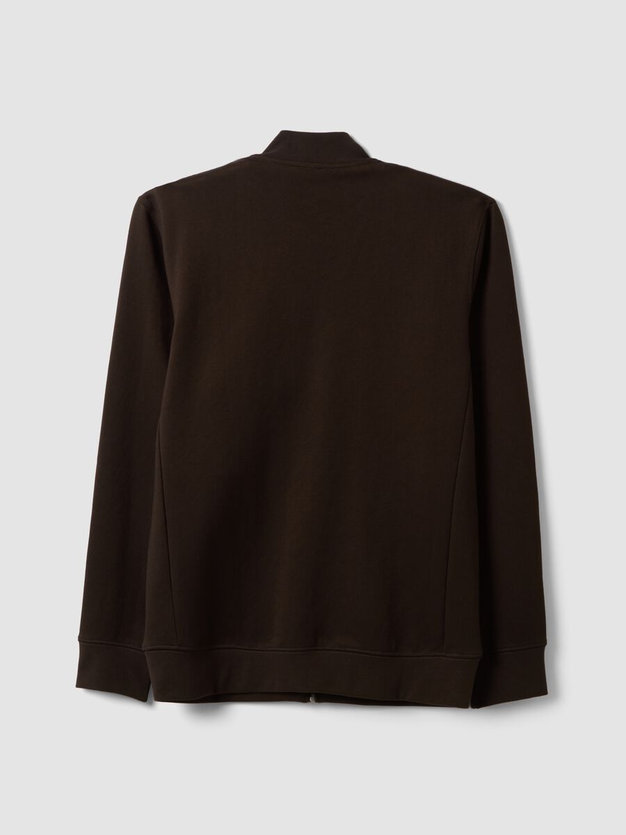 Felpa full zip marrone in piquet di tessuto elasticizzato con collo a costine_6