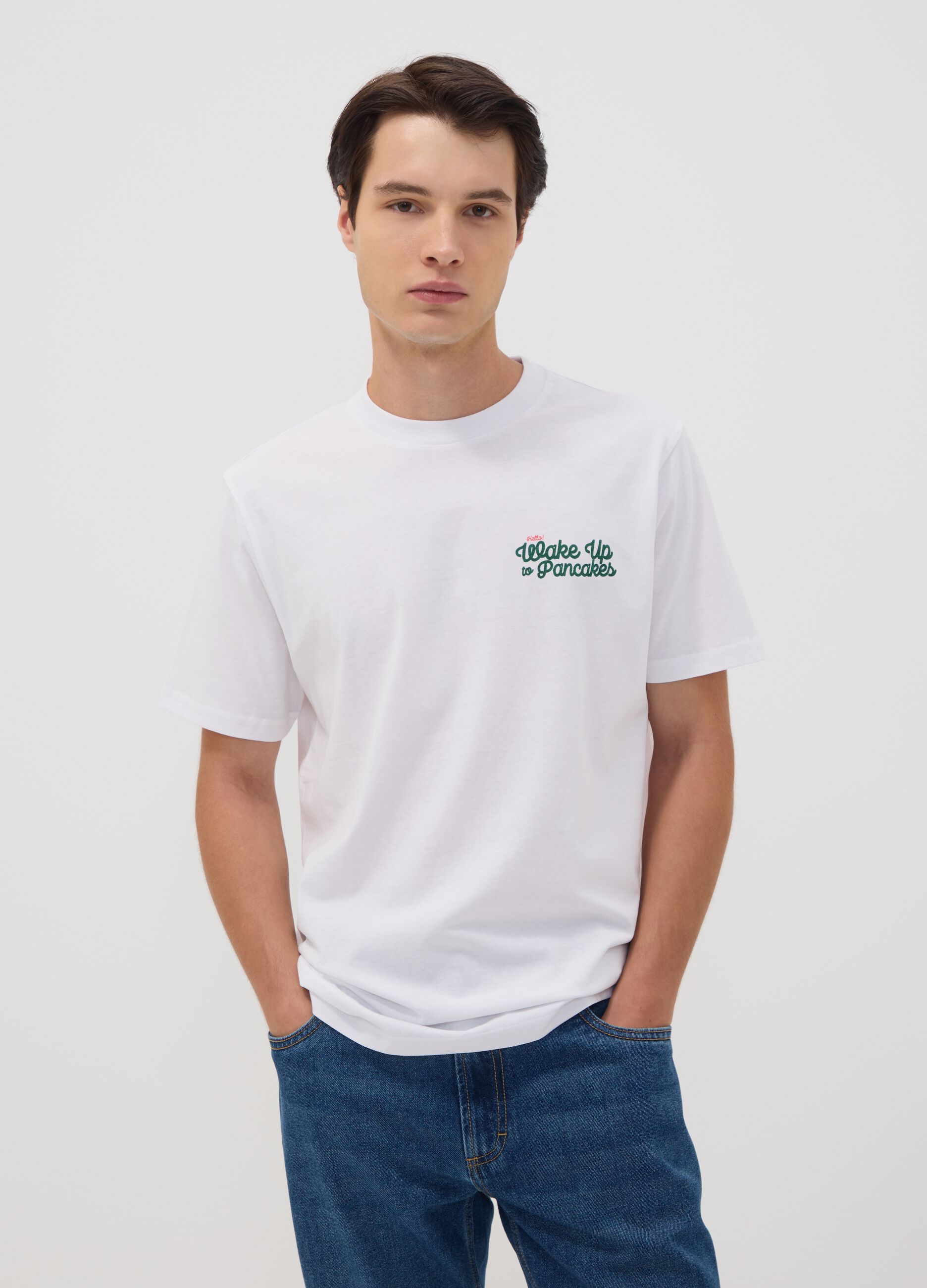 White pure cotton jersey T-shirt with print, regular fit