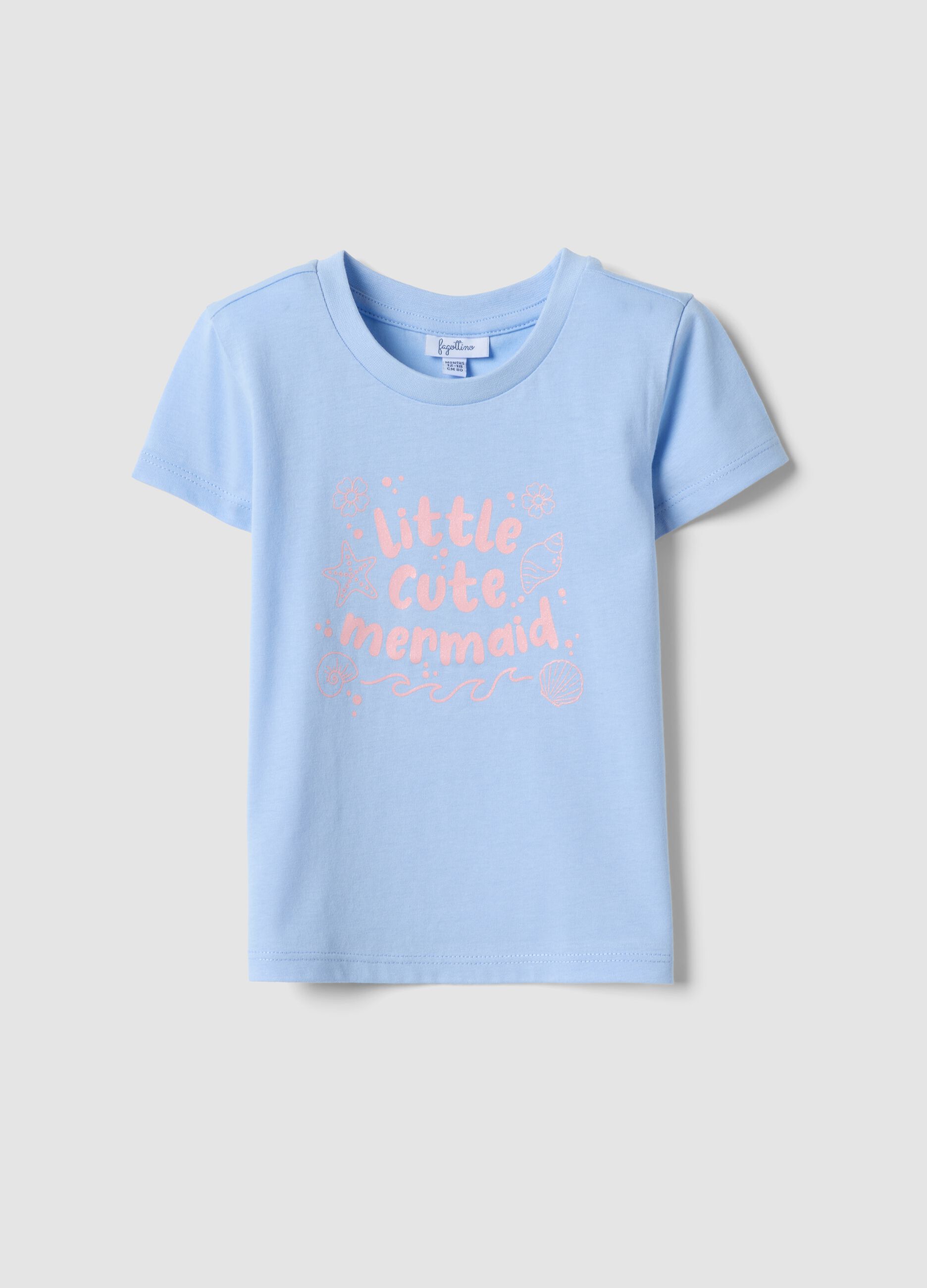 Girls&rsquo; light blue pure organic cotton T-shirt with seaside print