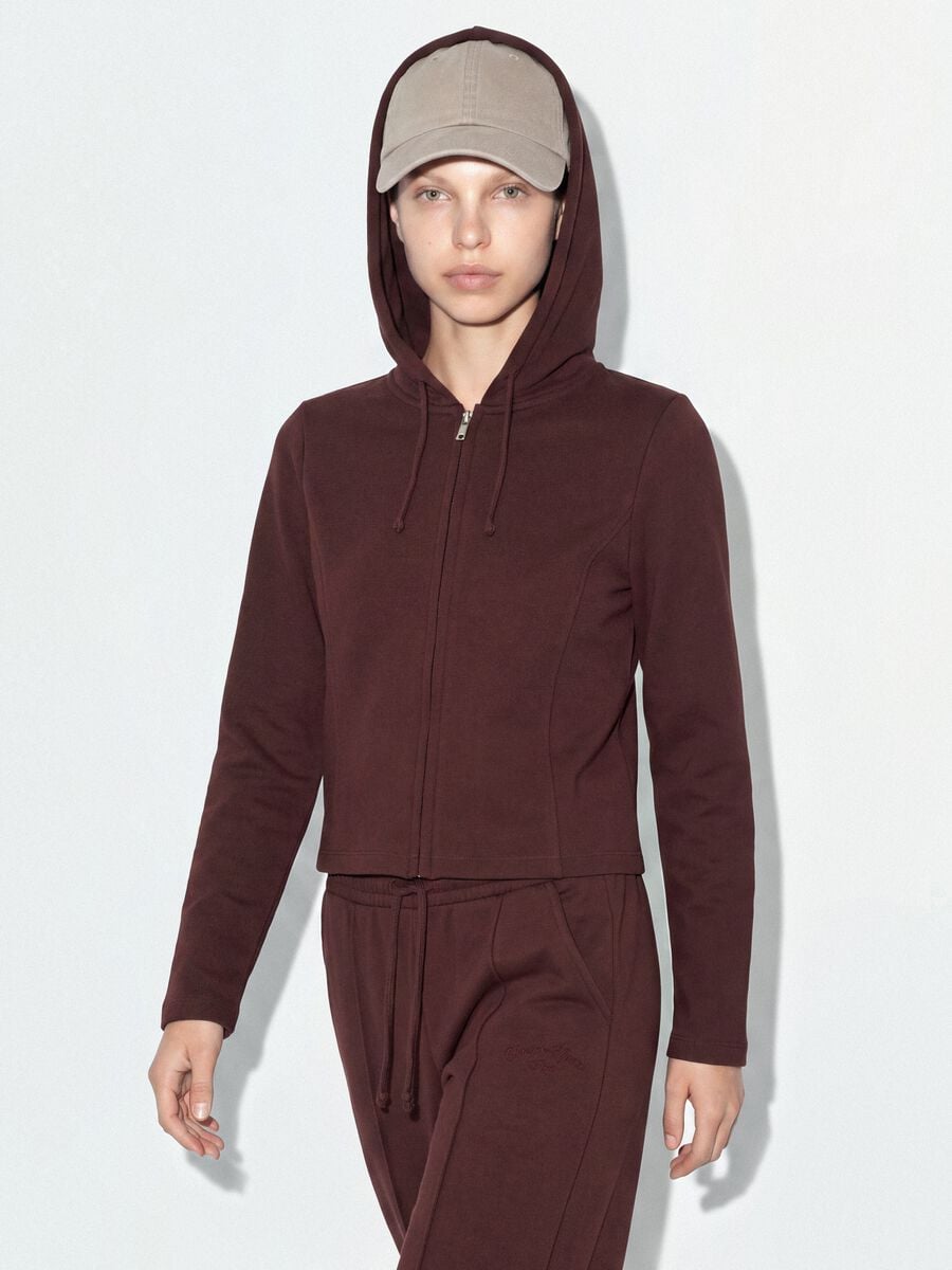 Felpa full zip marrone in puro cotone con cappuccio fitted_0