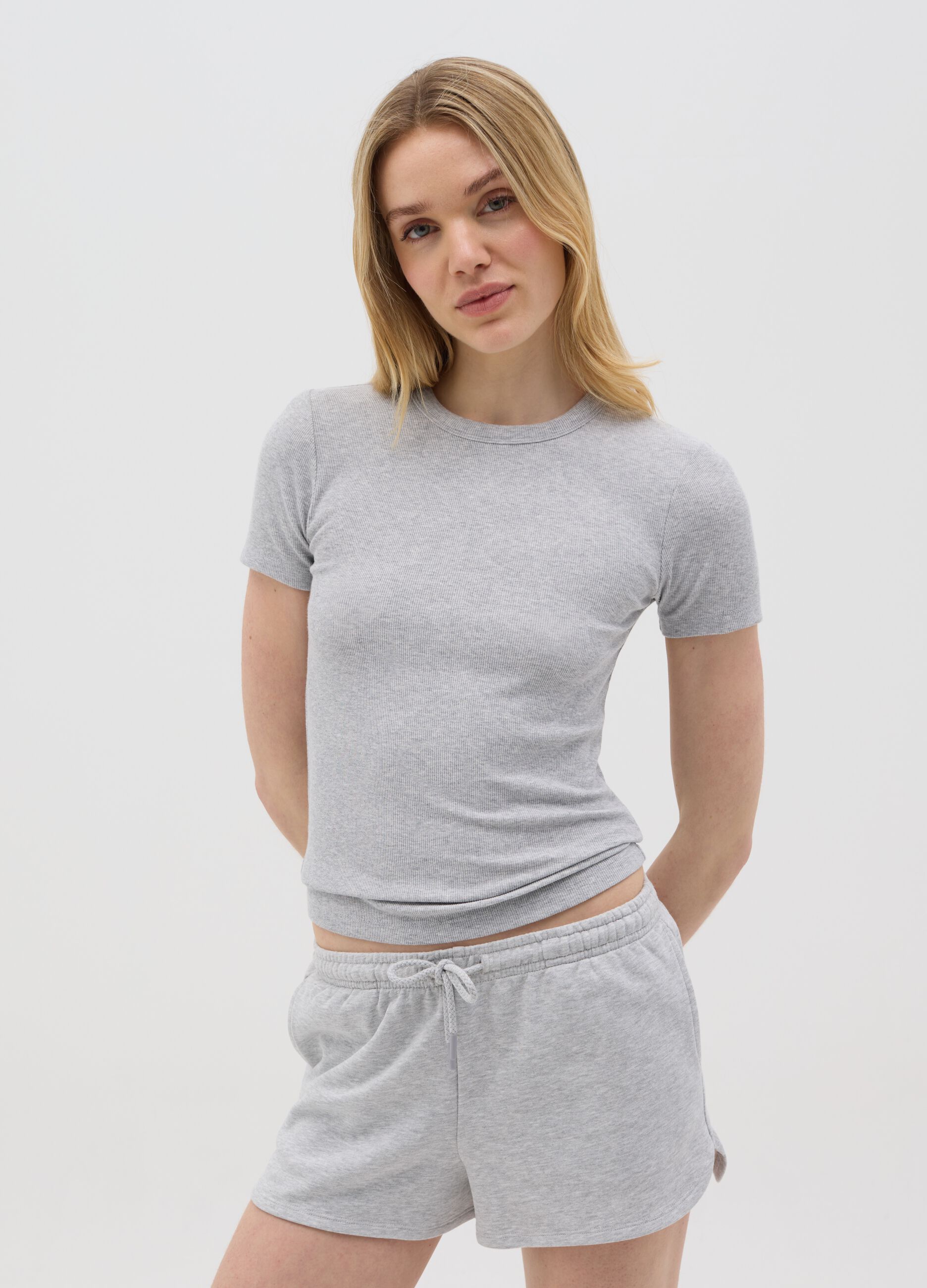 Grey short sleeve stretch cotton T-shirt