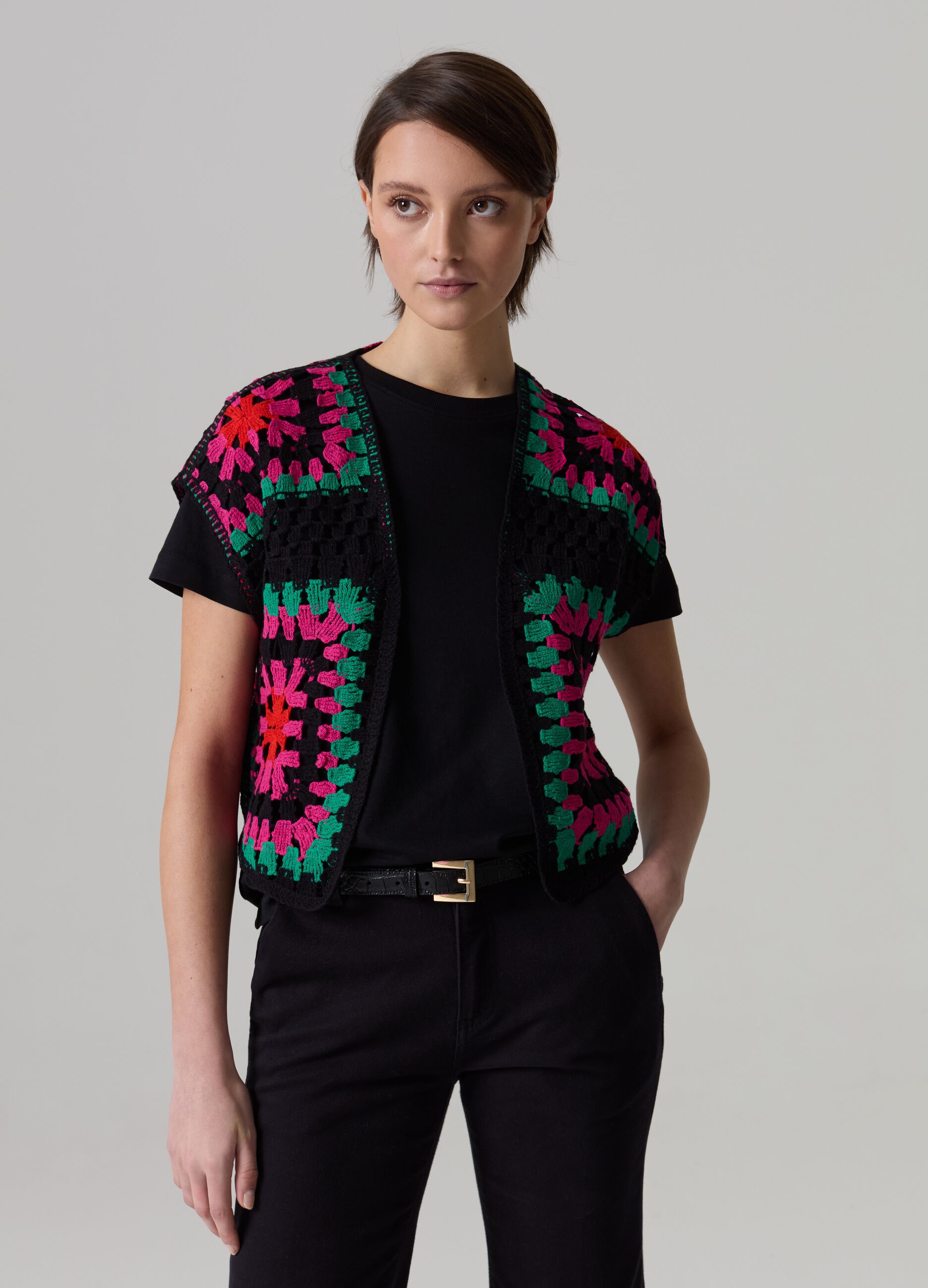 Open multicoloured crochet gilet