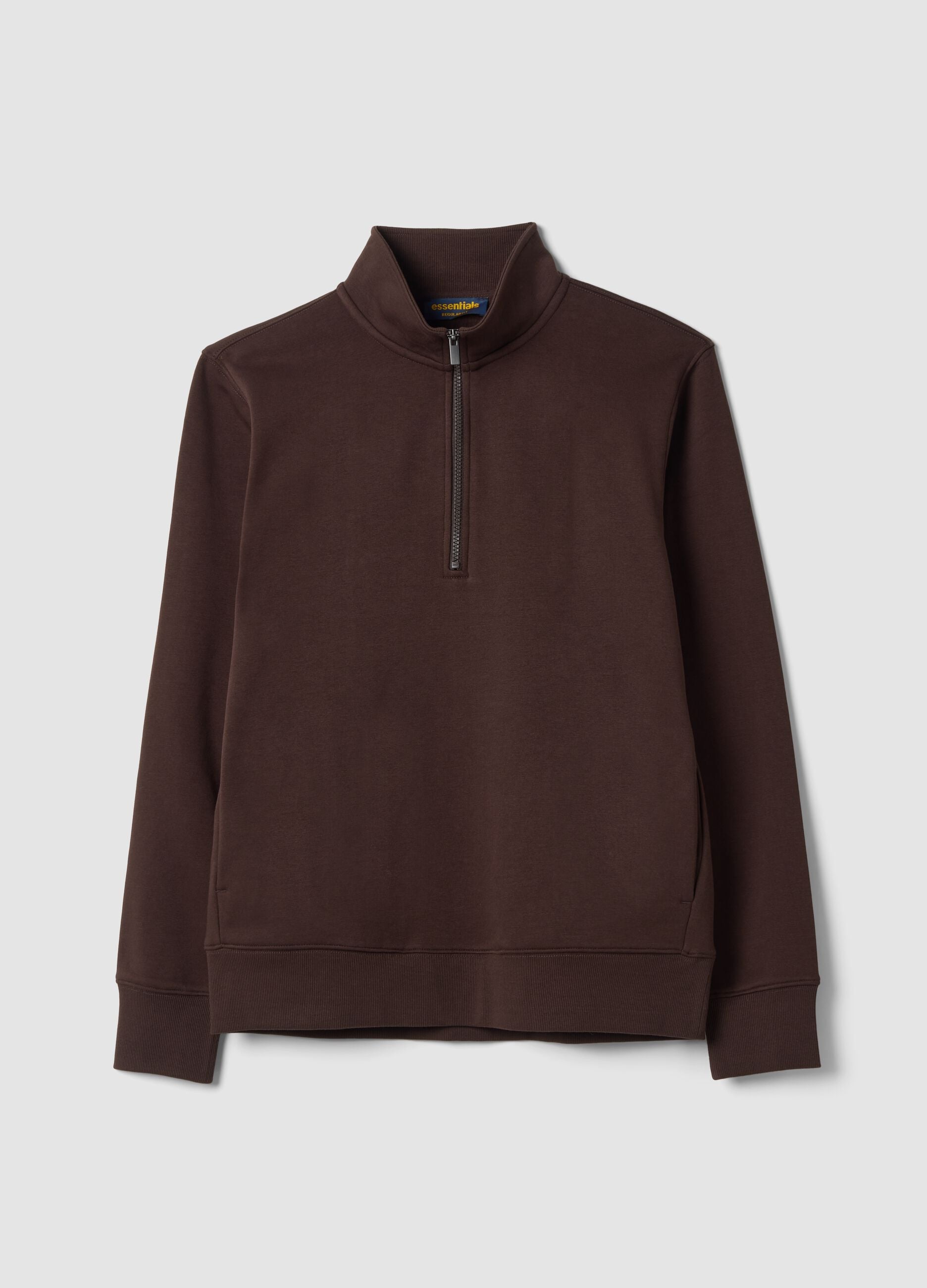 Brown half-zip cotton-blend crew neck