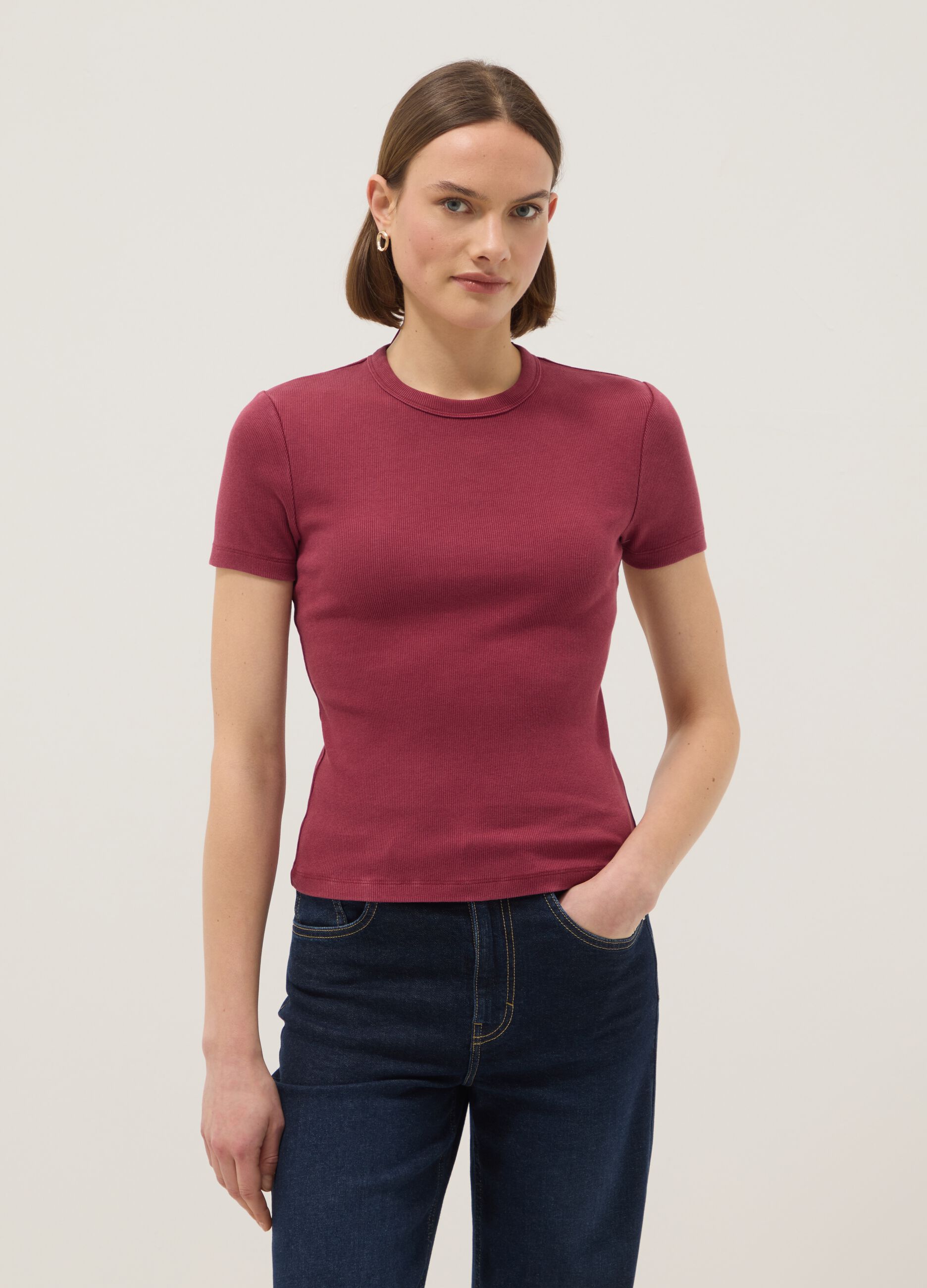 Red stretch cotton crew-neck t-shirt slim fit