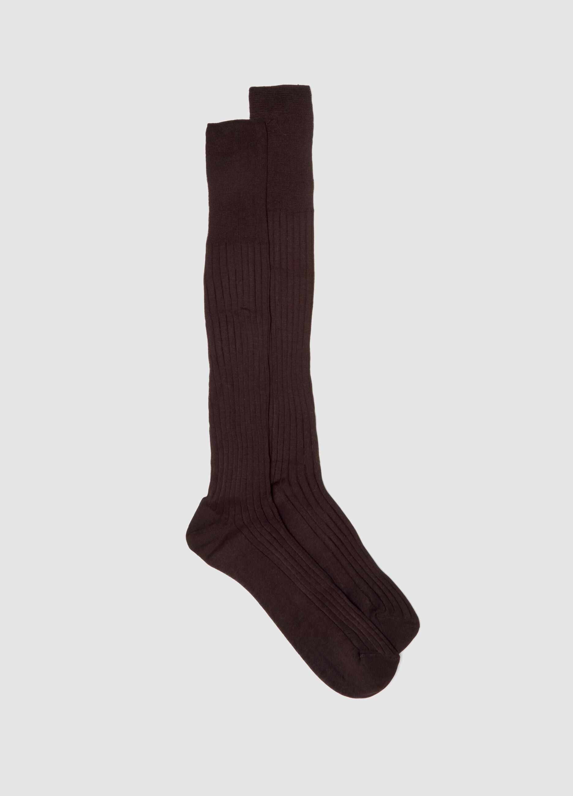 Brown ribbed long socks in pure cotton