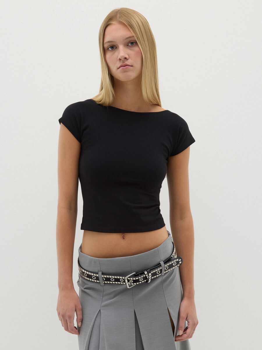 Women's black fitted stretch cotton t-shirt with bow_0