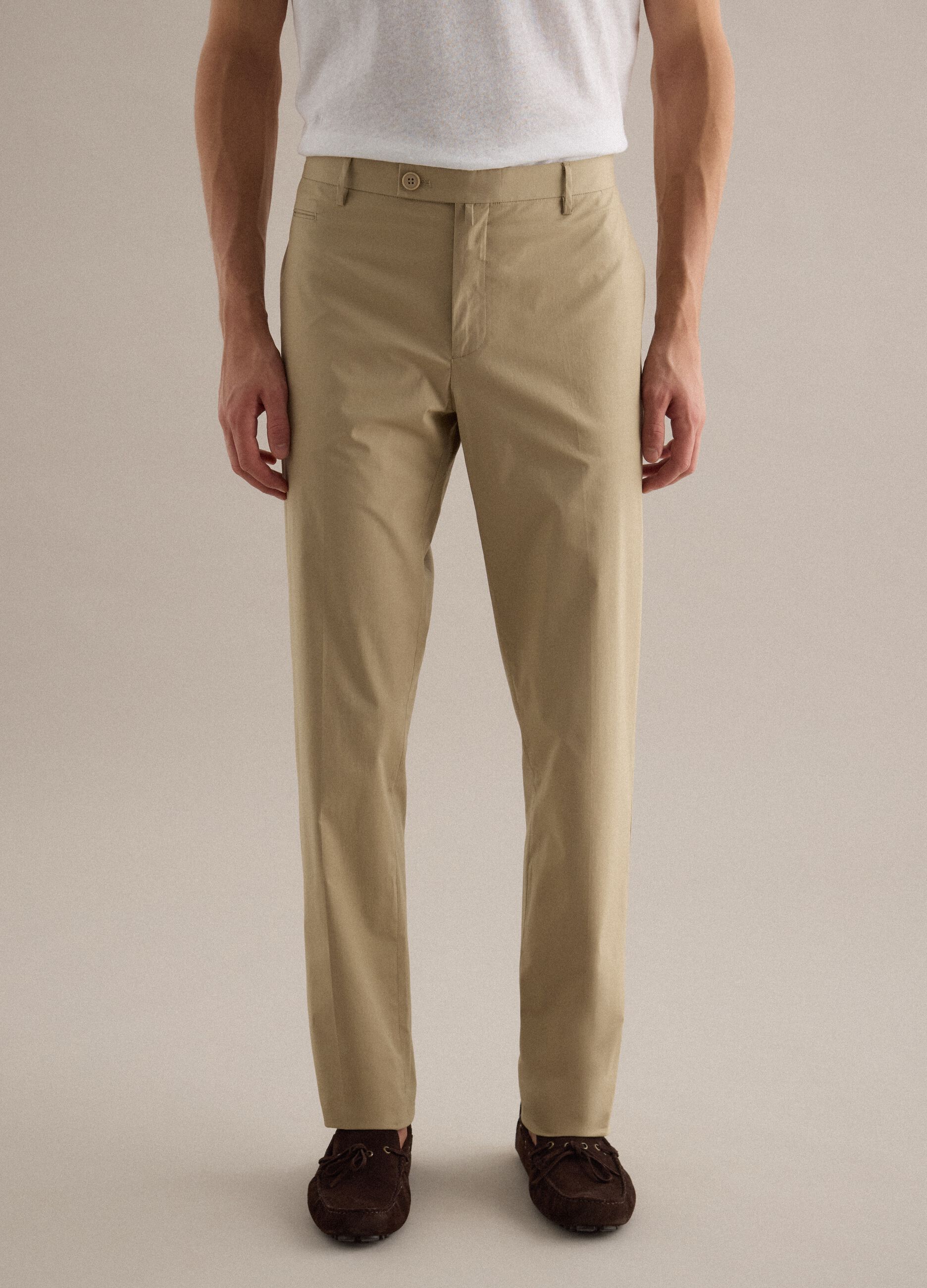 Beige regular-fit stretch cotton trousers