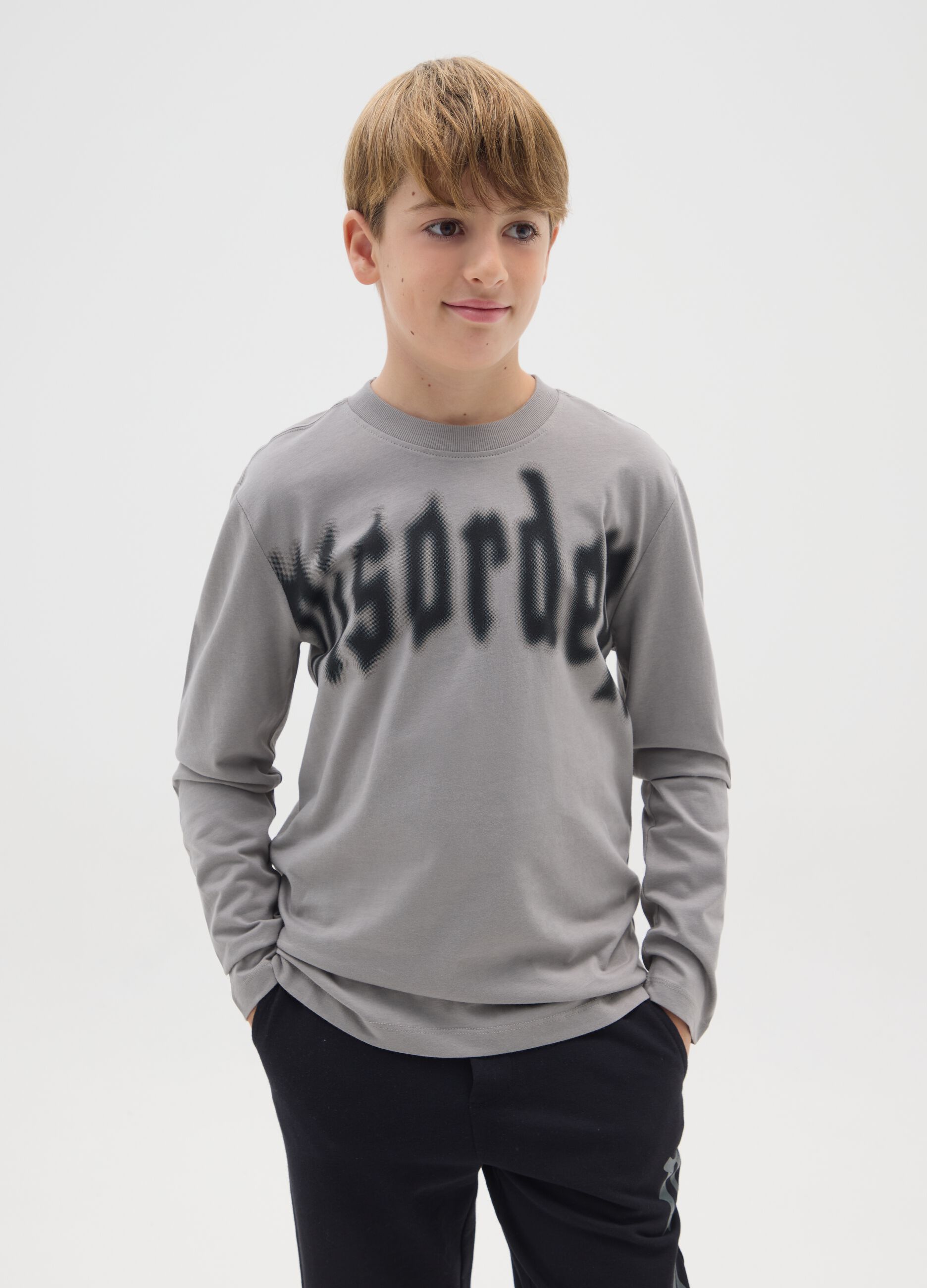 Boys' grey oversized pure cotton T-shirt