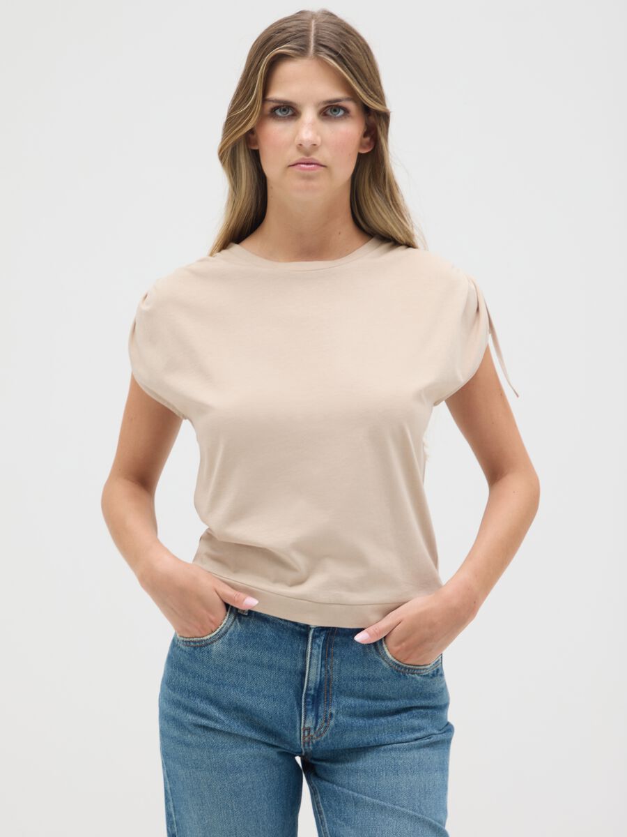 Women's beige pure cotton regular fit T-shirt_0