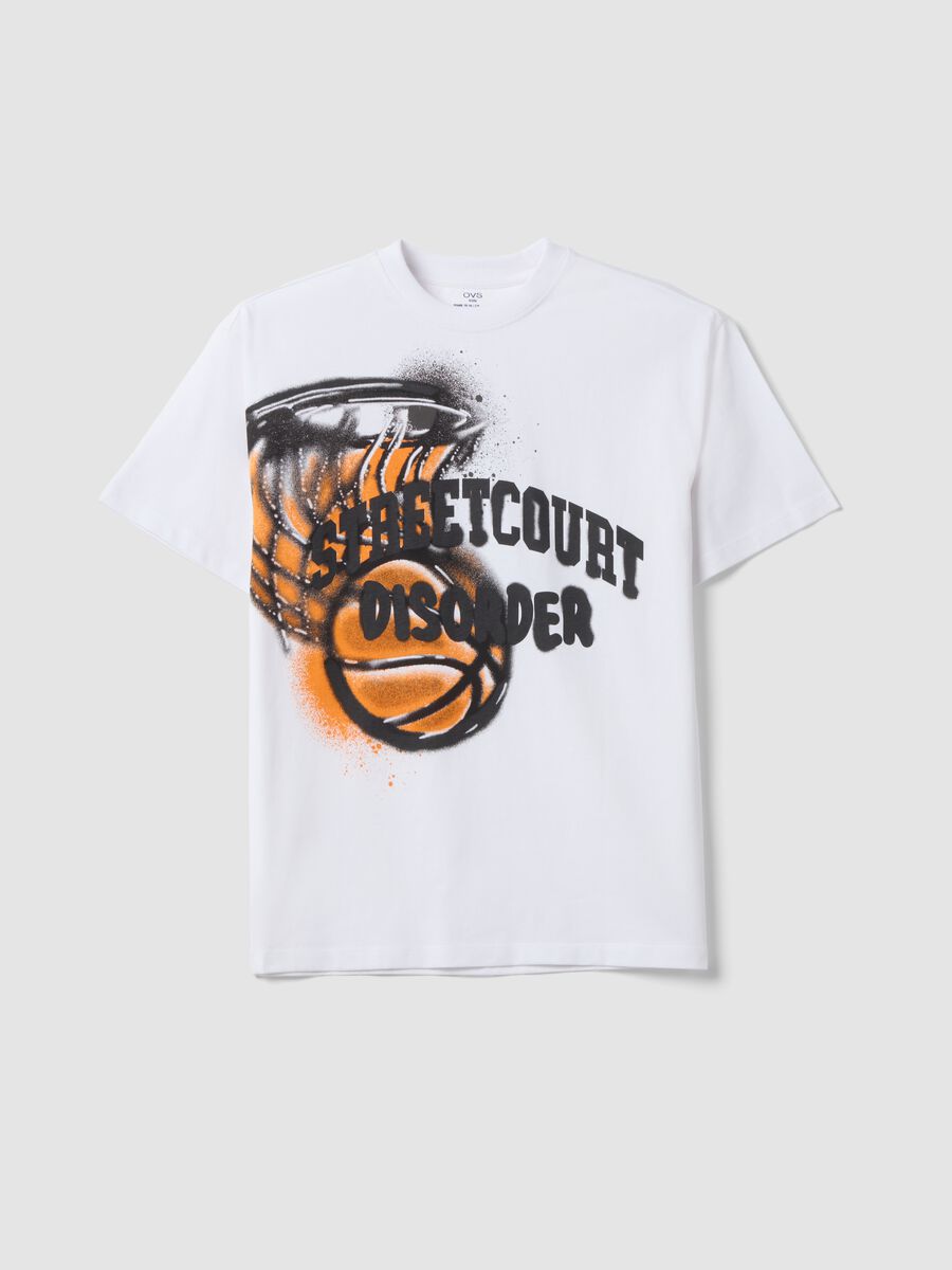 White pure cotton oversized T-shirt with basketball graphic print for boys_3