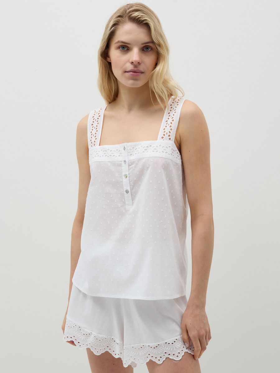 Pyjama top in cotton dobby with broderie anglaise_1