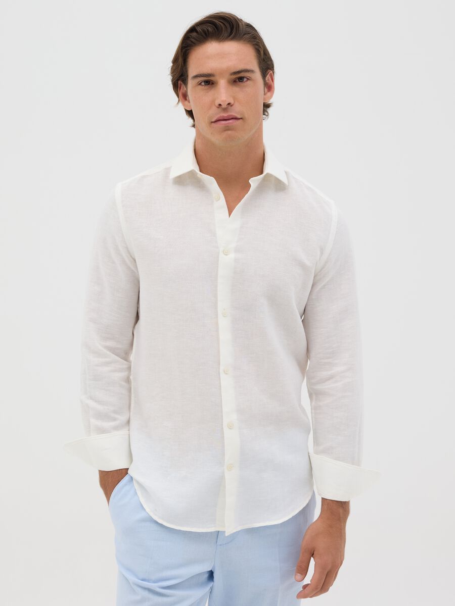 Camicia da uomo in lino e cotone bianca slim fit e colletto alla francese_0