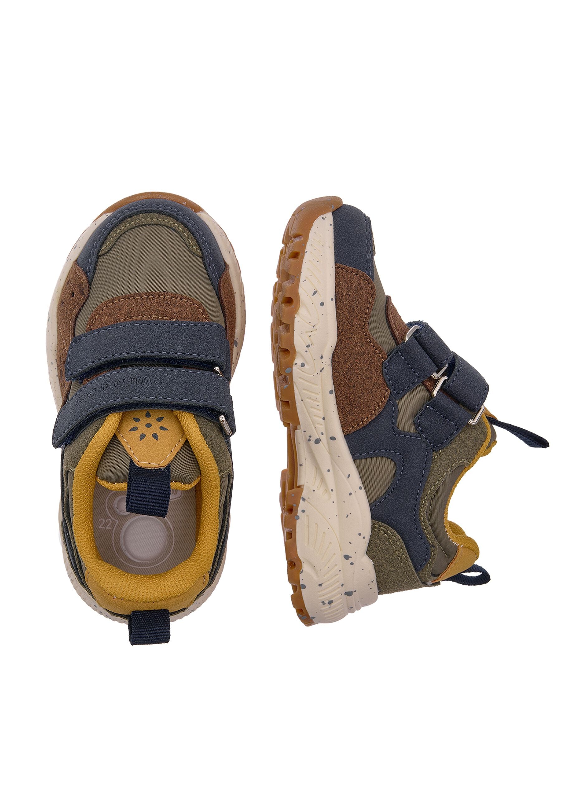 Blue and brown sporty baby shoes with double Velcro fastening