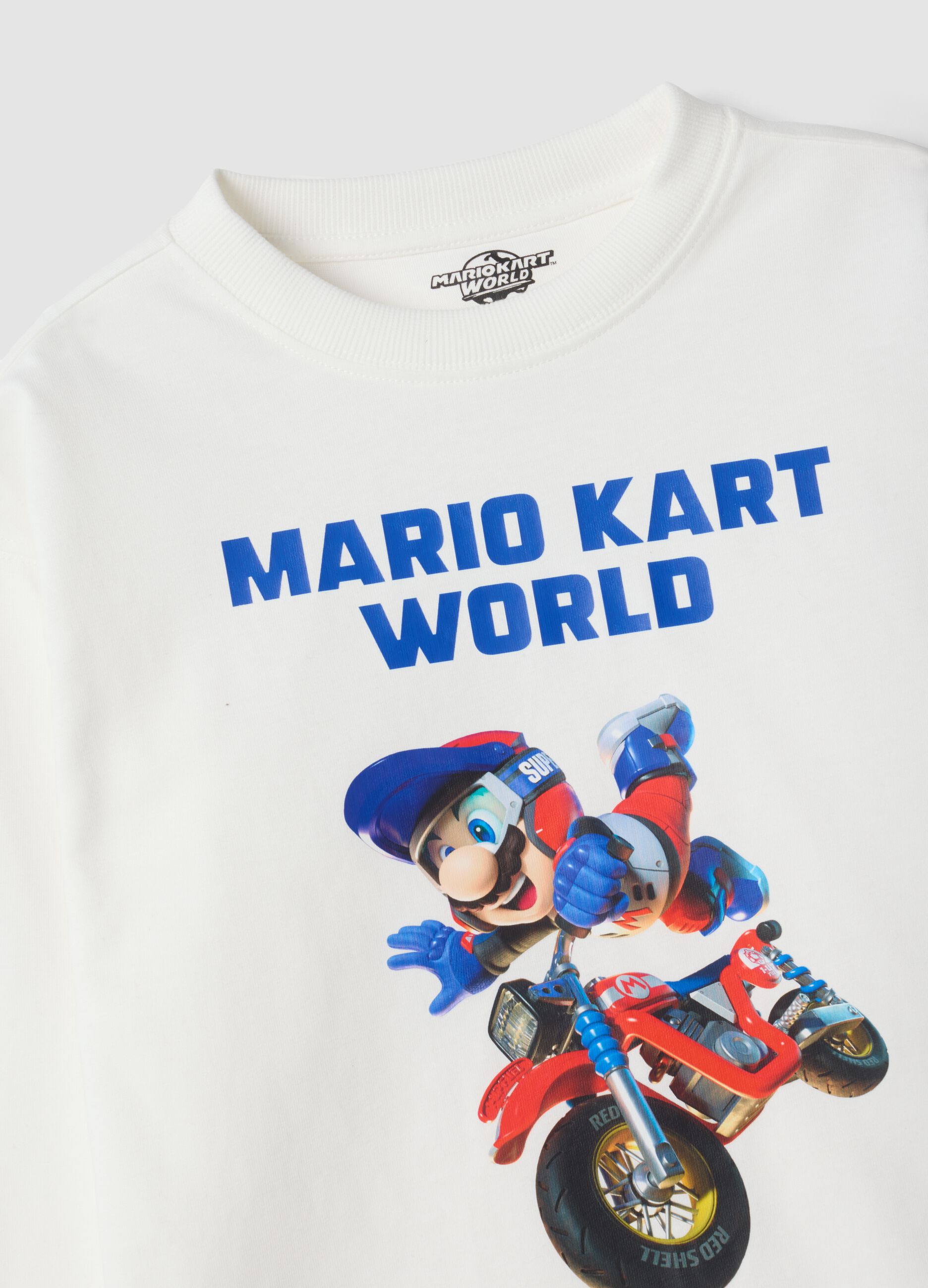 T-shirt bianca in puro cotone con girocollo stampa Mario Kart