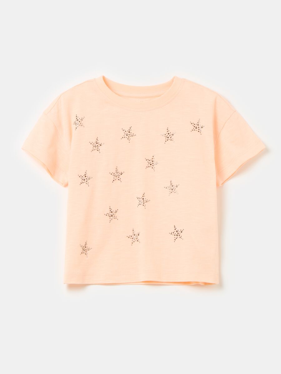 T-shirt in cotone con stampa stelle e strass_0