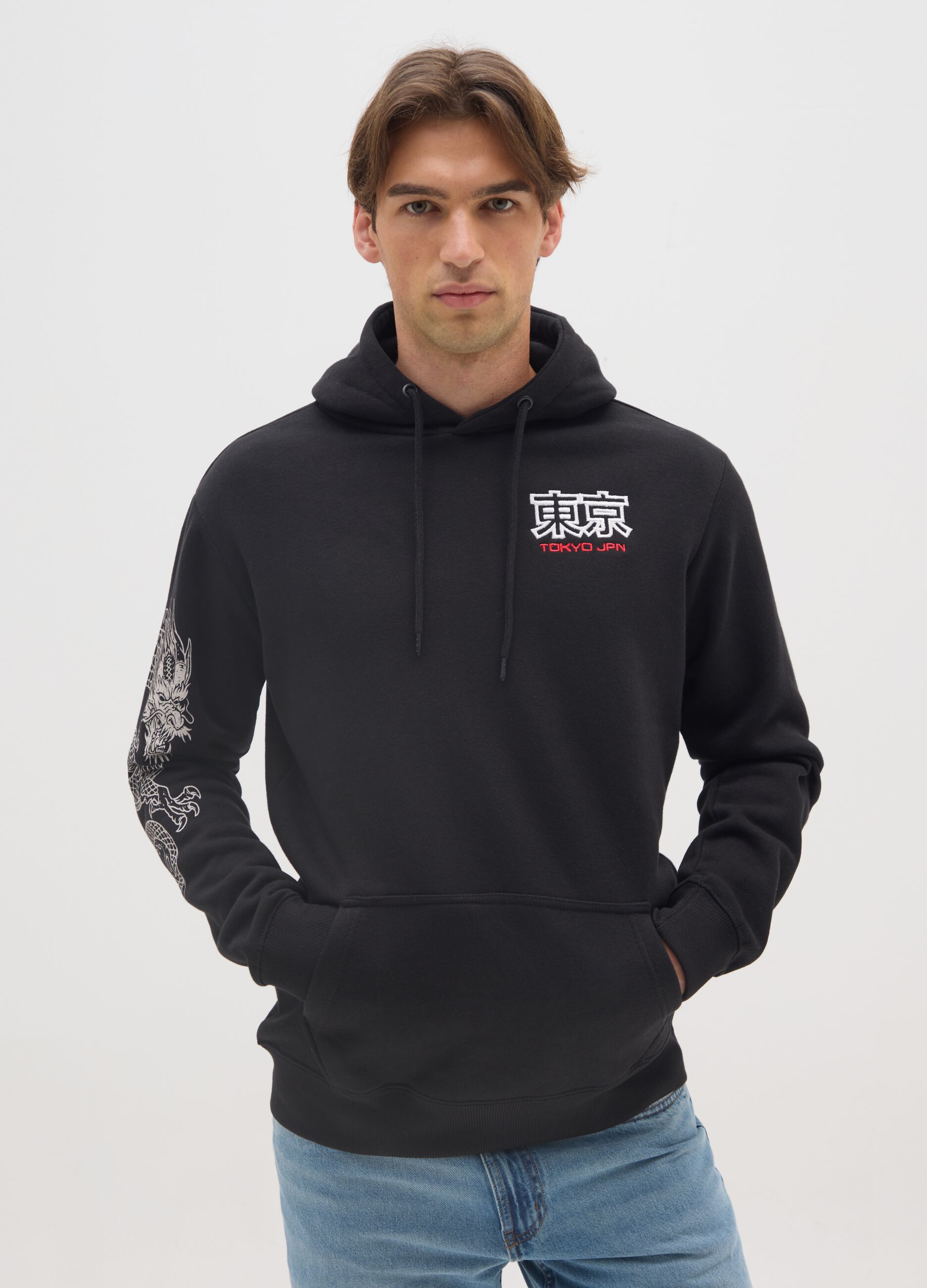 Black Cotton Blend Hoodie with Print