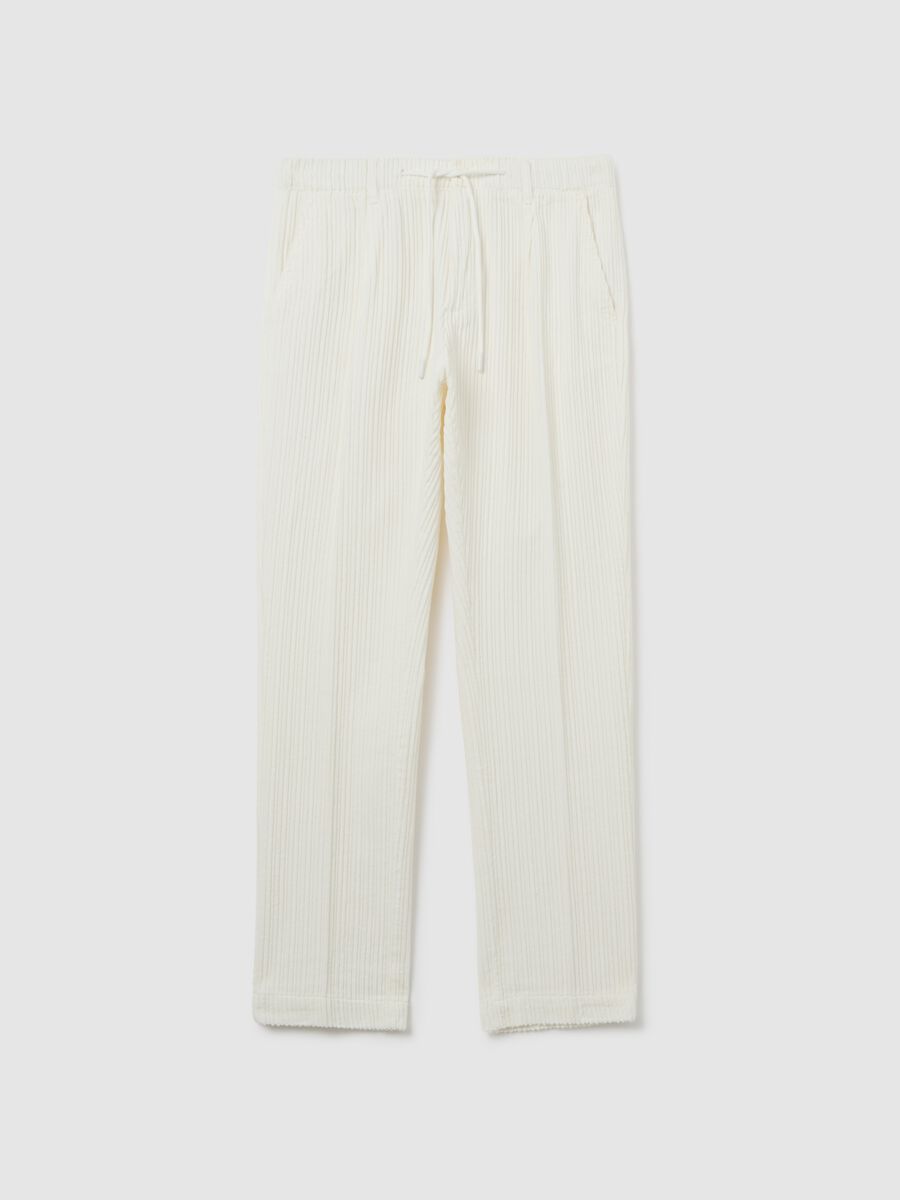 White pure cotton regular fit corduroy trousers_4