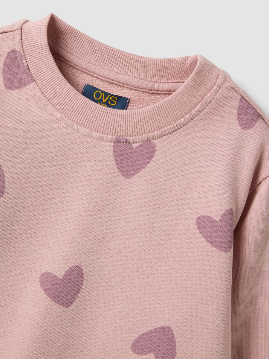 Felpa rosa in puro cotone con stampa cuori e girocollo per bambina_3