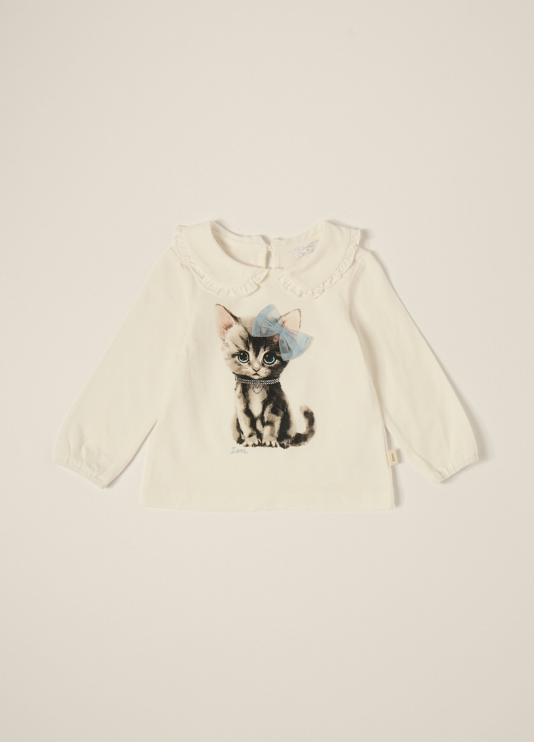 White long-sleeve top with cat print
