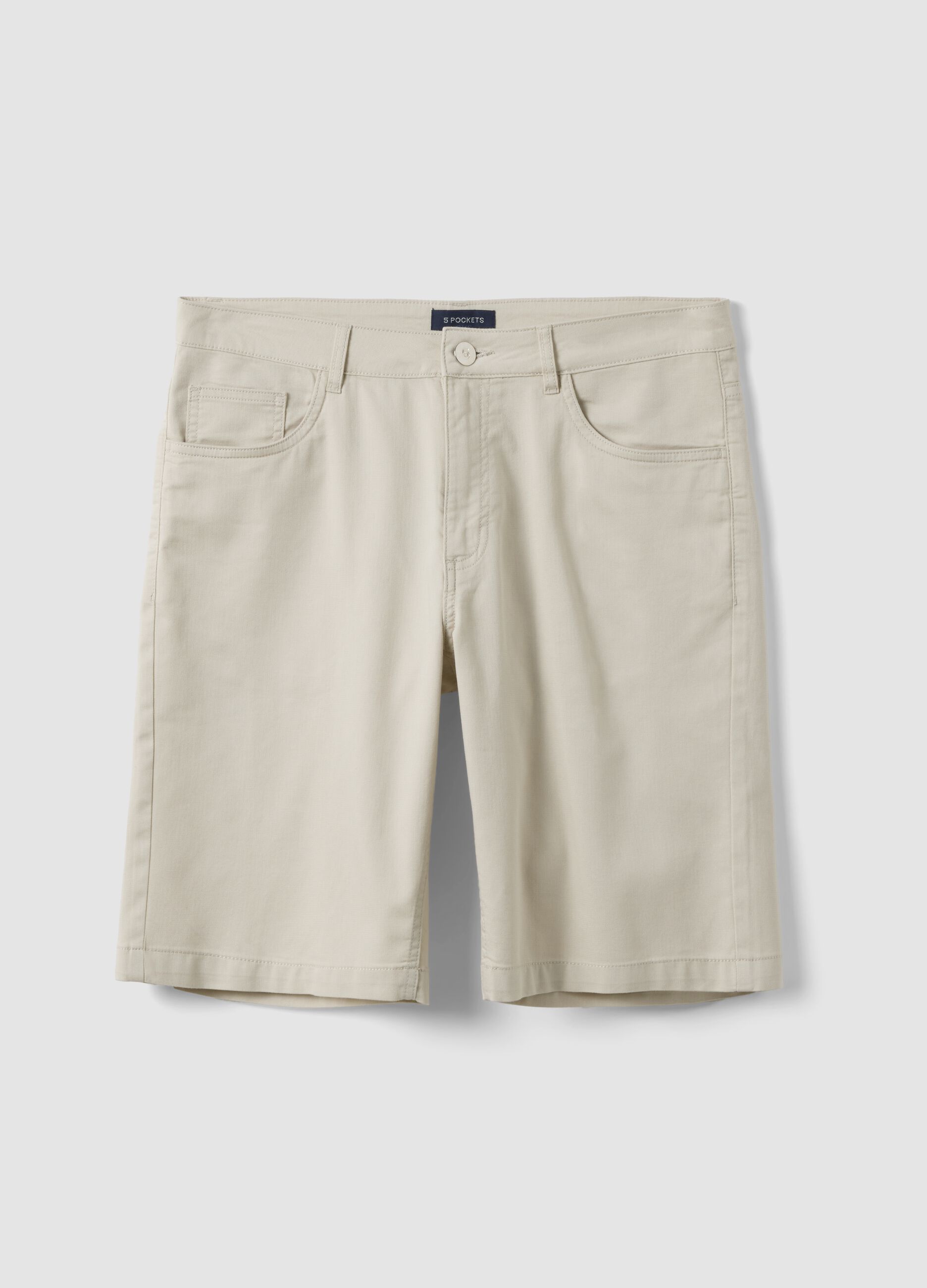 Beige stretch-cotton five-pocket Bermuda shorts