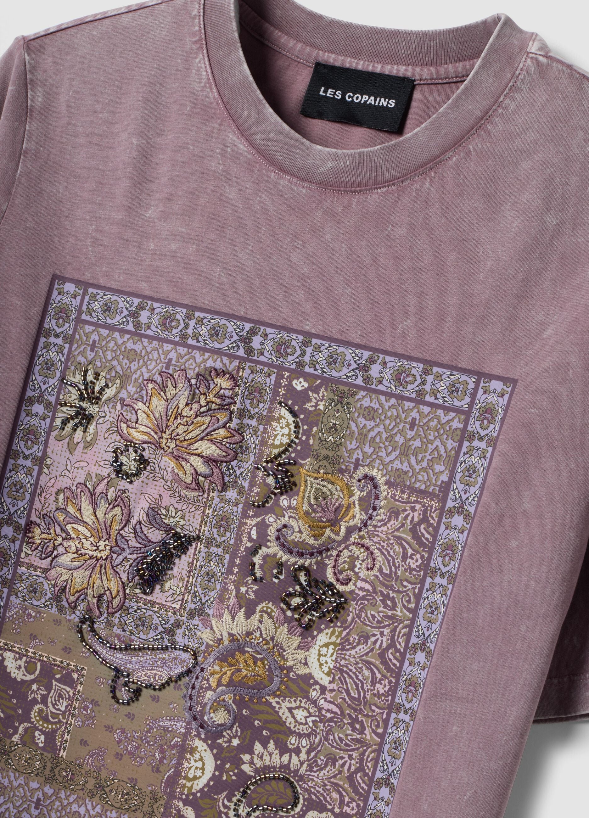 Purple pure cotton T-shirt with floral print, relaxed fit
