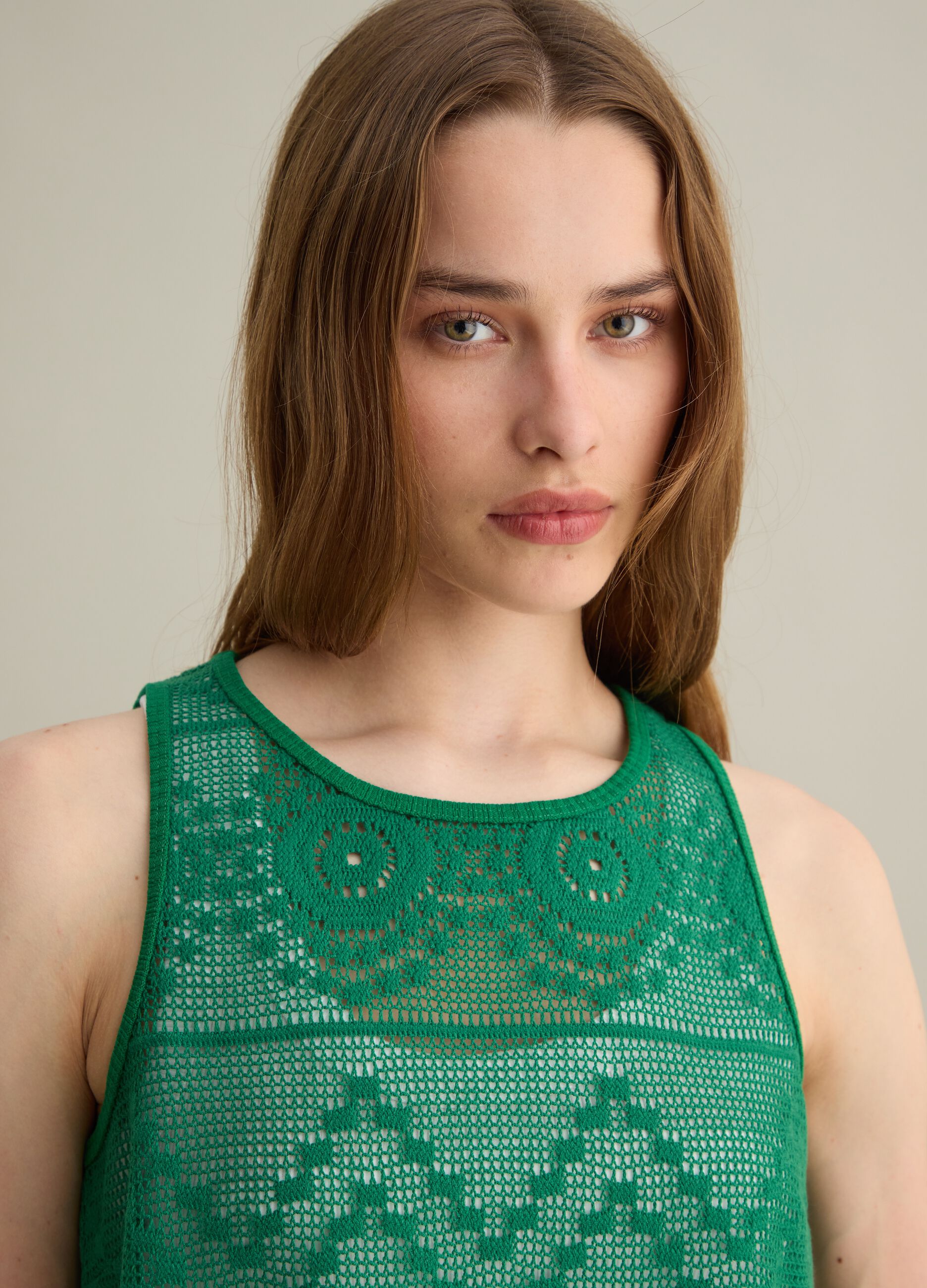 Canotta da donna in misto cotone verde regular fit con motivo crochet