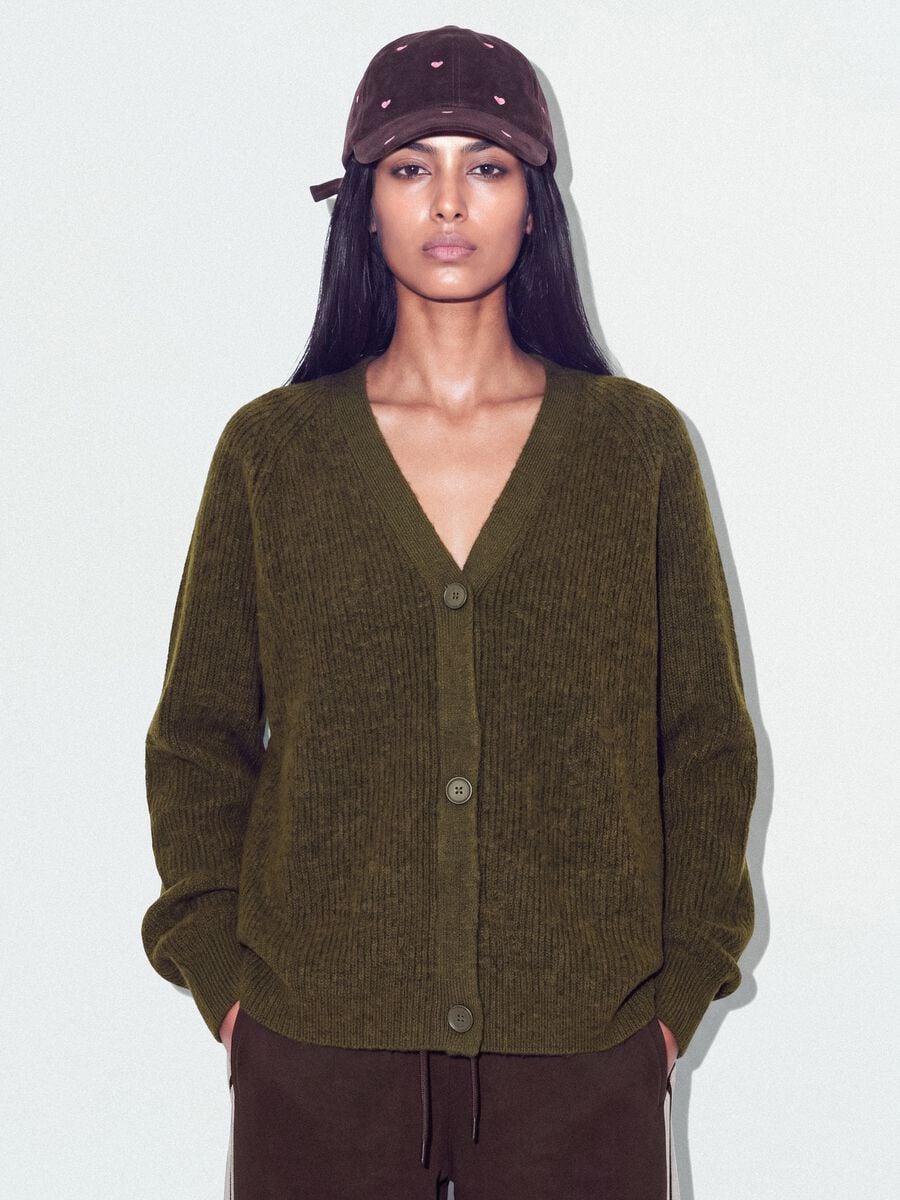 Cardigan verde in lana elasticizzata con scollo profondo a V over fit_0