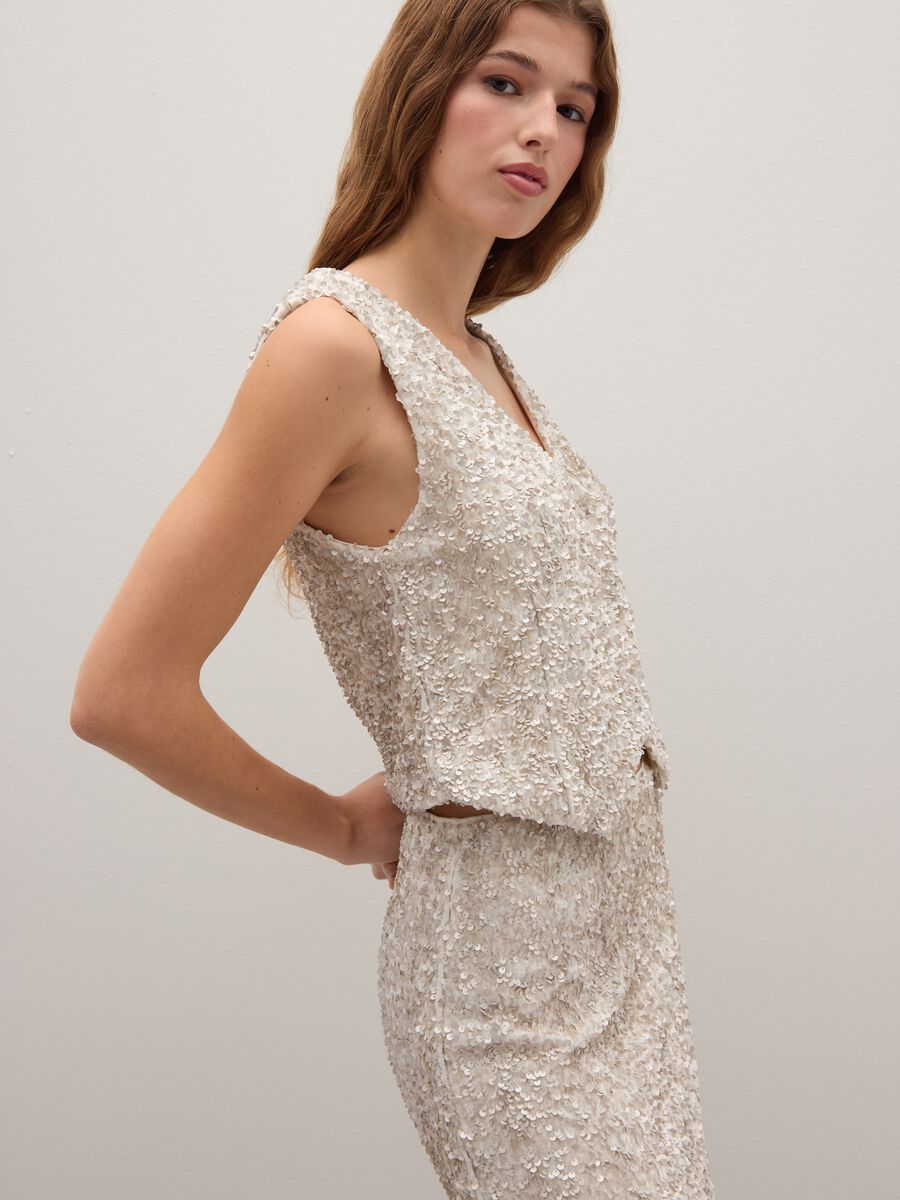 Beige regular fit waistcoat with sequins_0