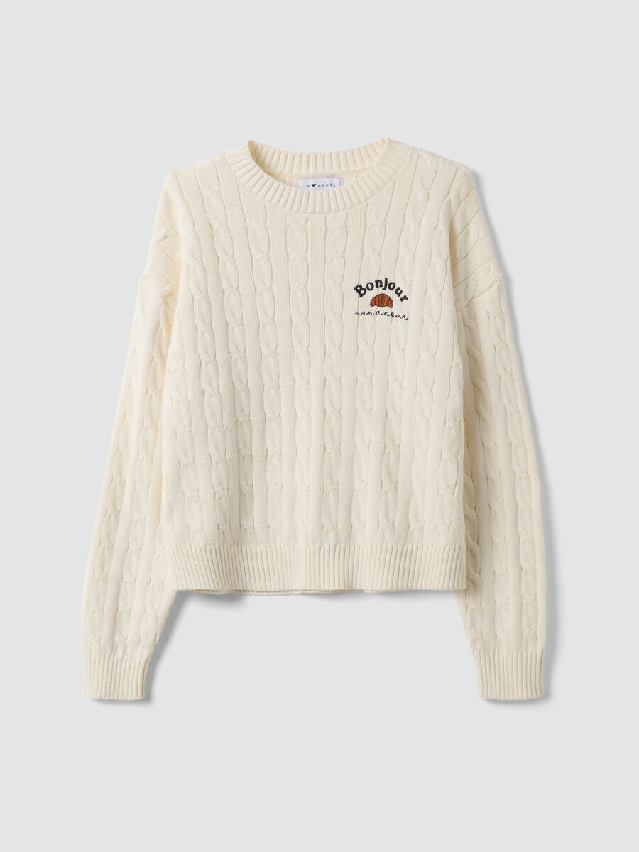 Maglia bianca in puro cotone a trecce con ricamo croissant_0