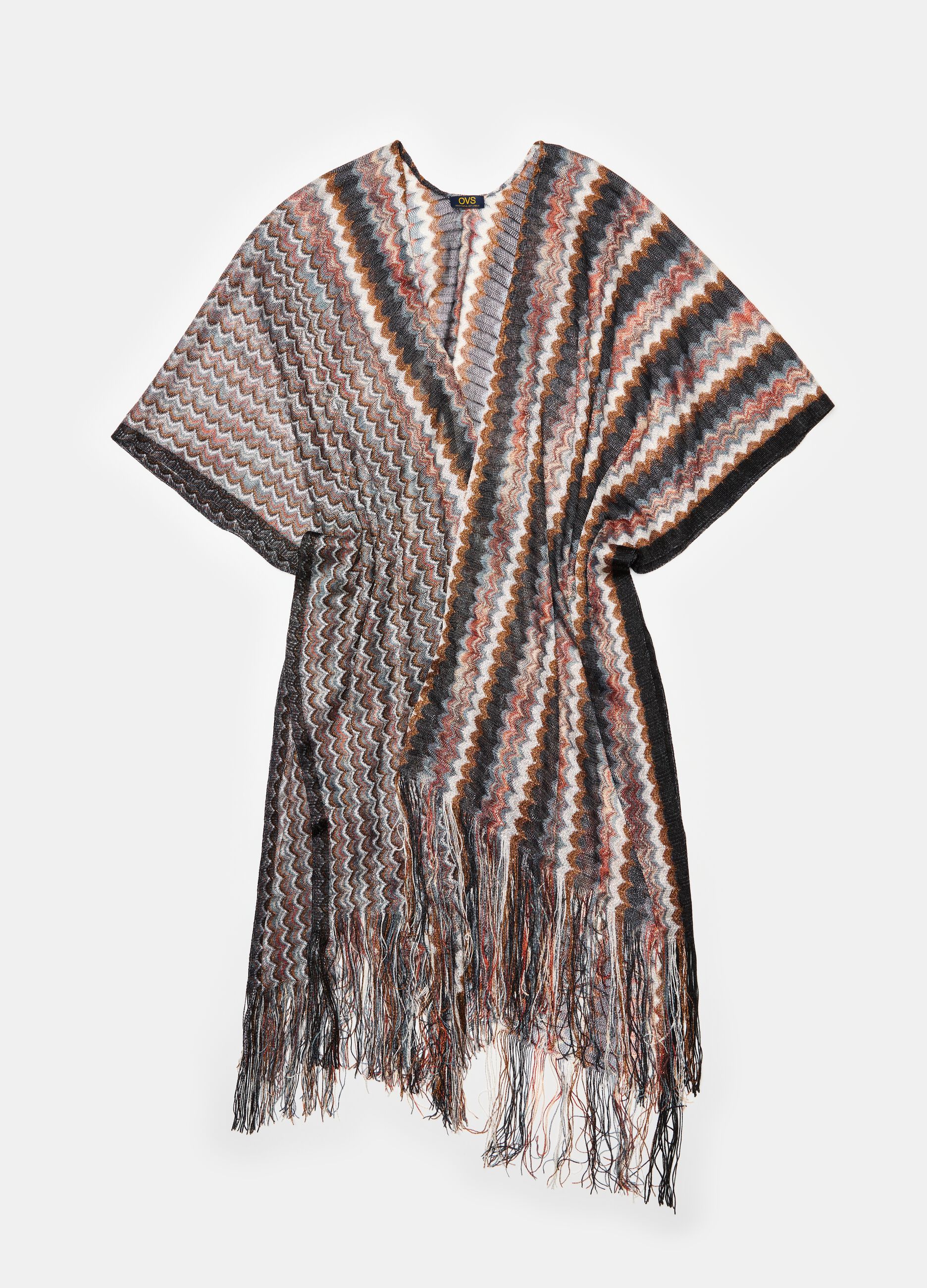 Beach cover-up cape with stripes and fringing