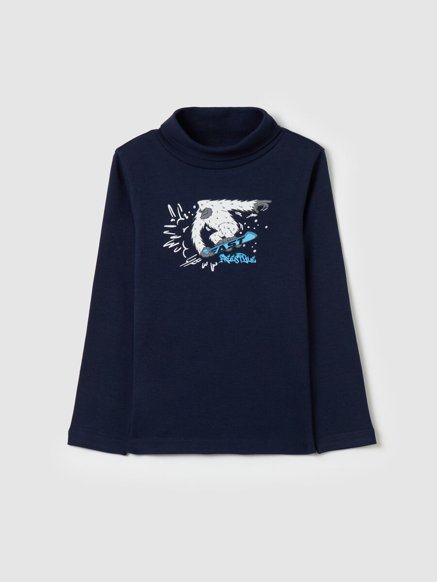 Cotton T-shirt with high neck and print_0