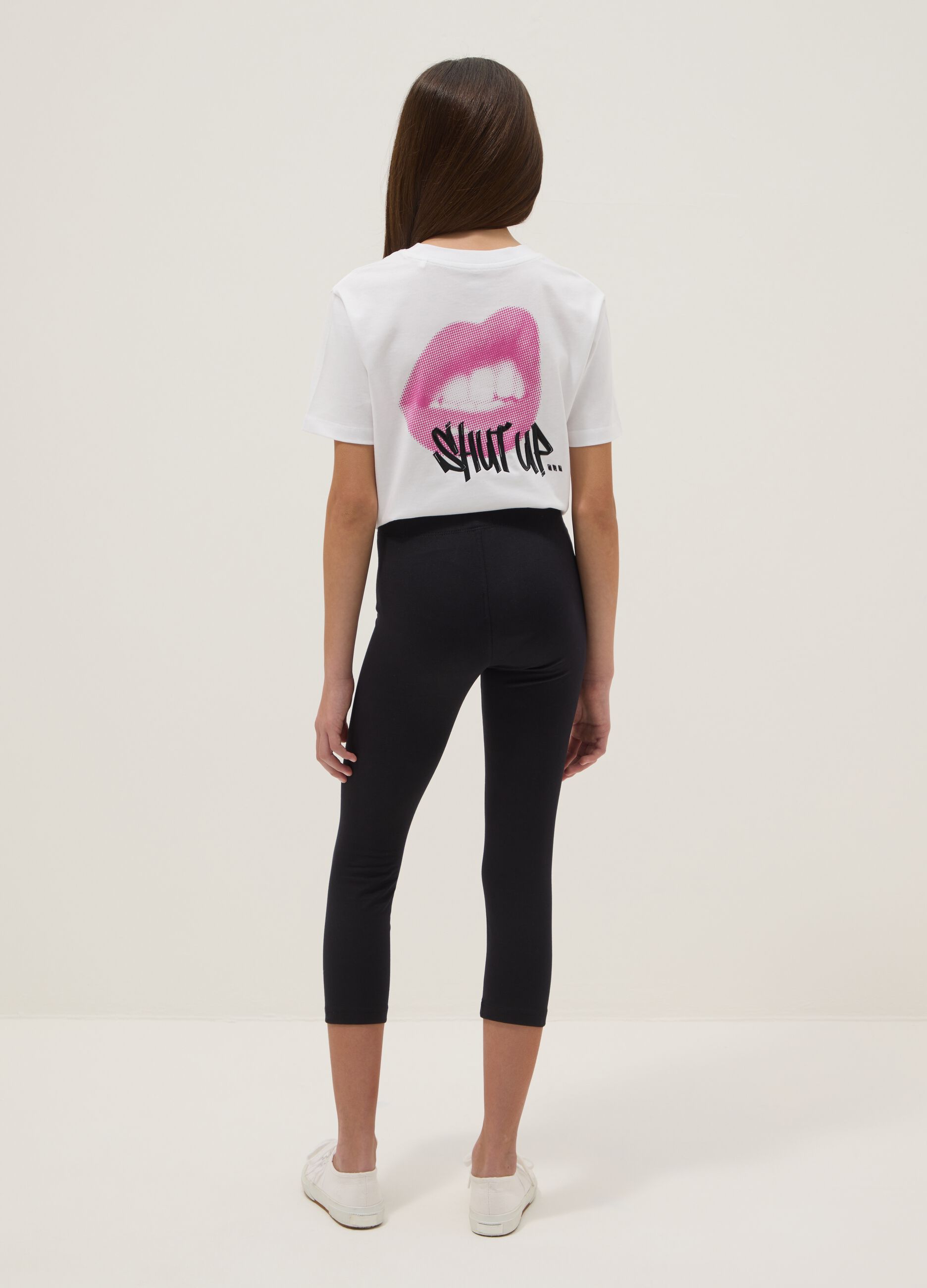 Girls' black stretch cotton slim fit leggings with heart detail