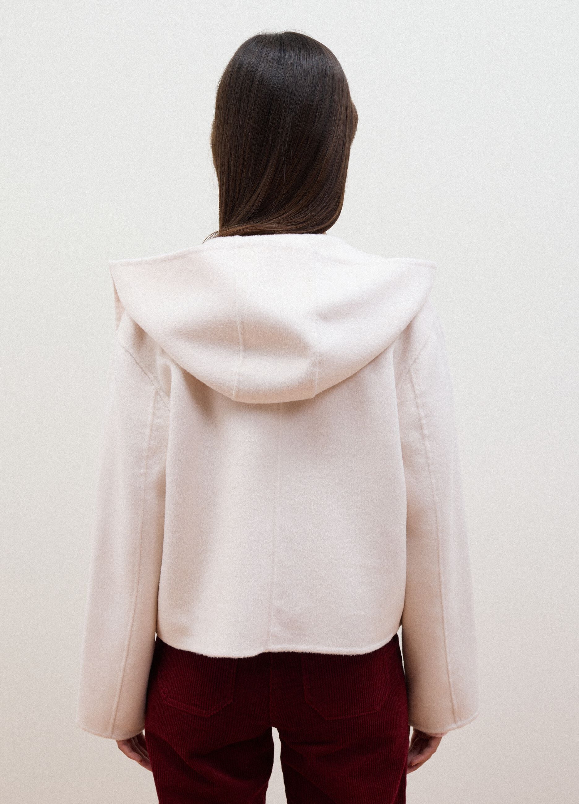 Short white wool-blend coat with hood, regular fit