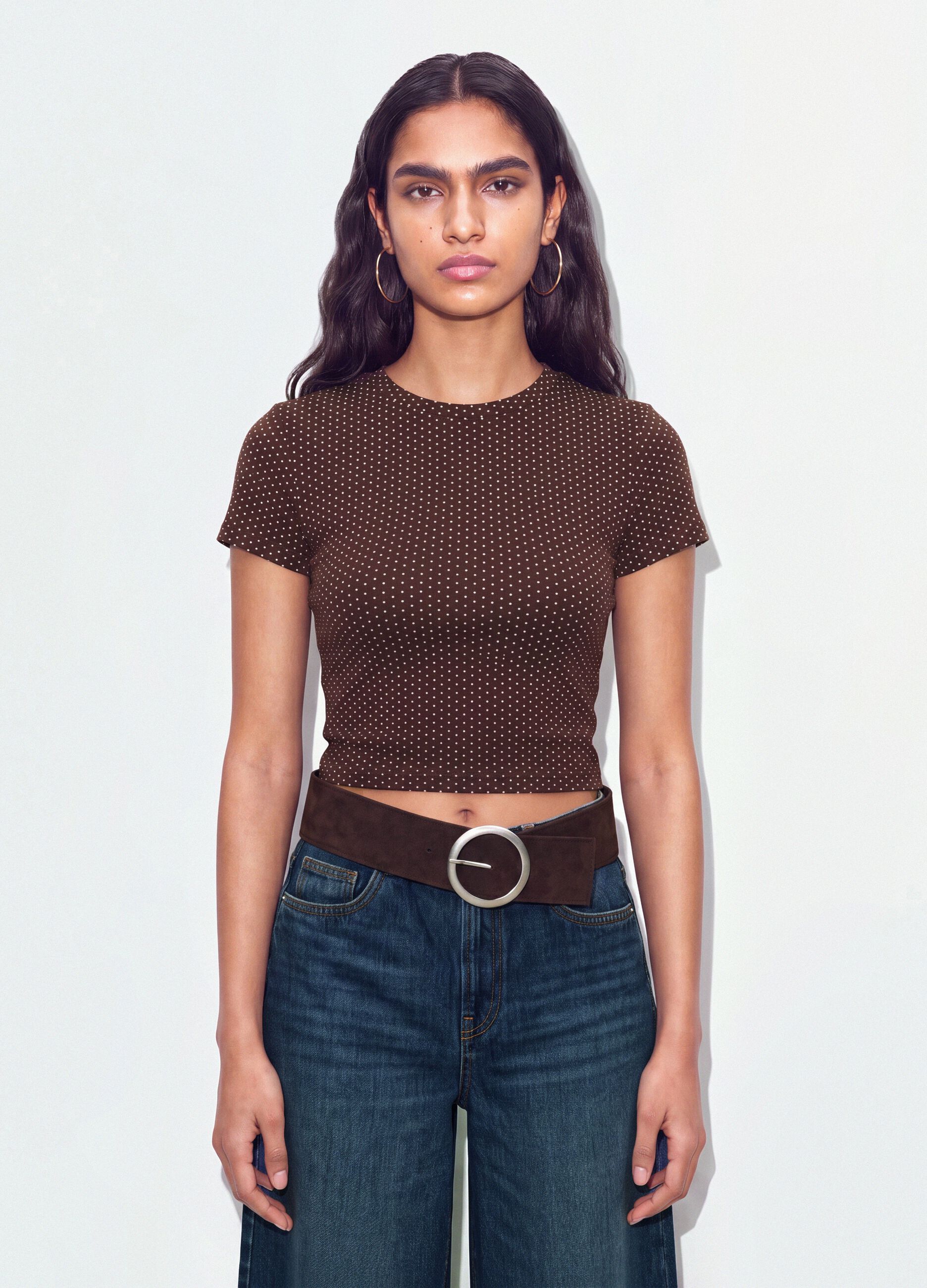 Brown polka-dot cropped pure cotton T-shirt, regular fit