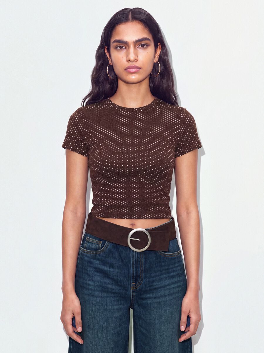 Brown polka-dot cropped pure cotton T-shirt, regular fit_0