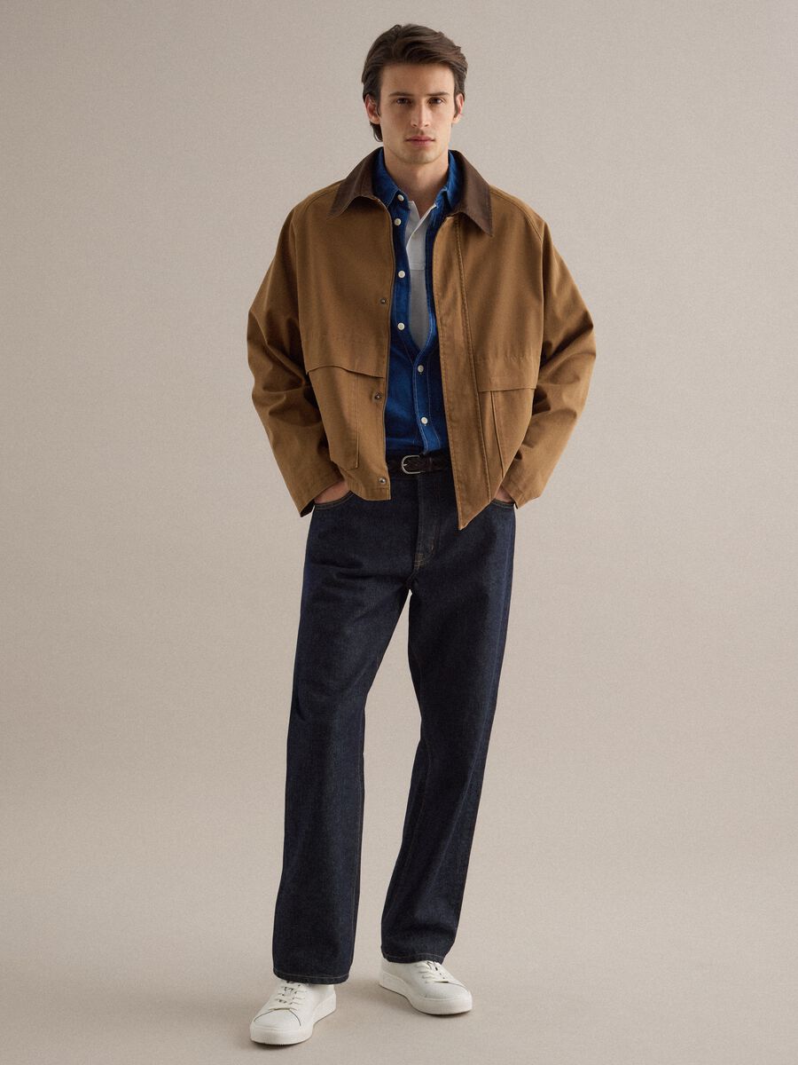 Brown pure cotton regular fit jacket with contrast collar_2