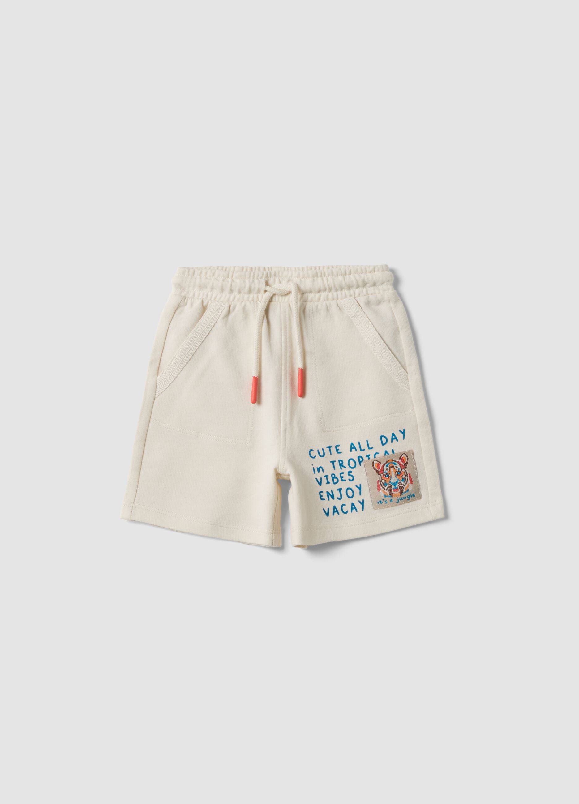 Beige pure cotton shorts with elasticated waist for boys, relaxed fit