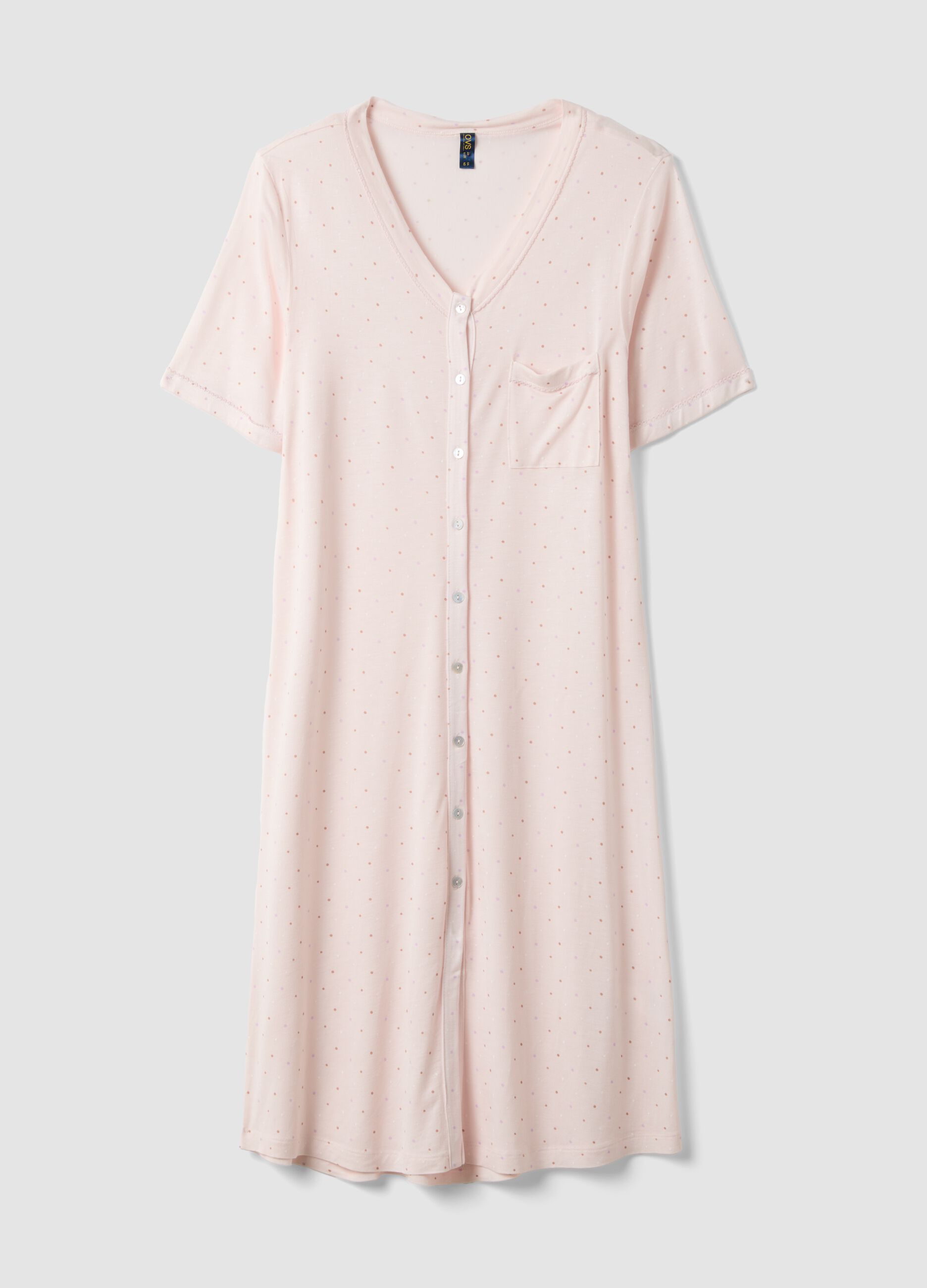Pink polka-dot pure viscose nightshirt with V-neck