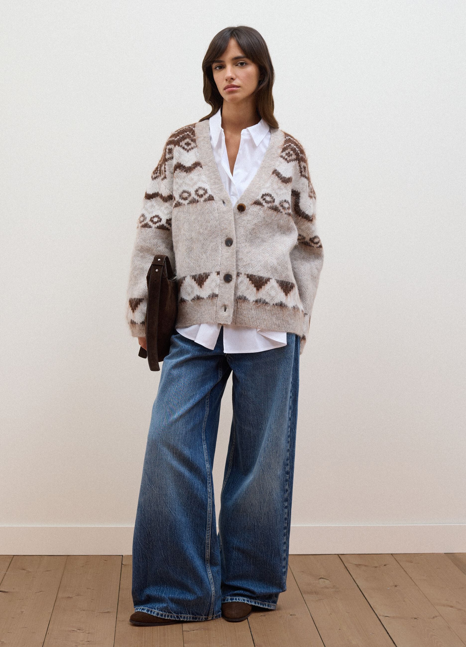 Beige wool and alpaca-blend cardigan with deep V-neck, oversized fit