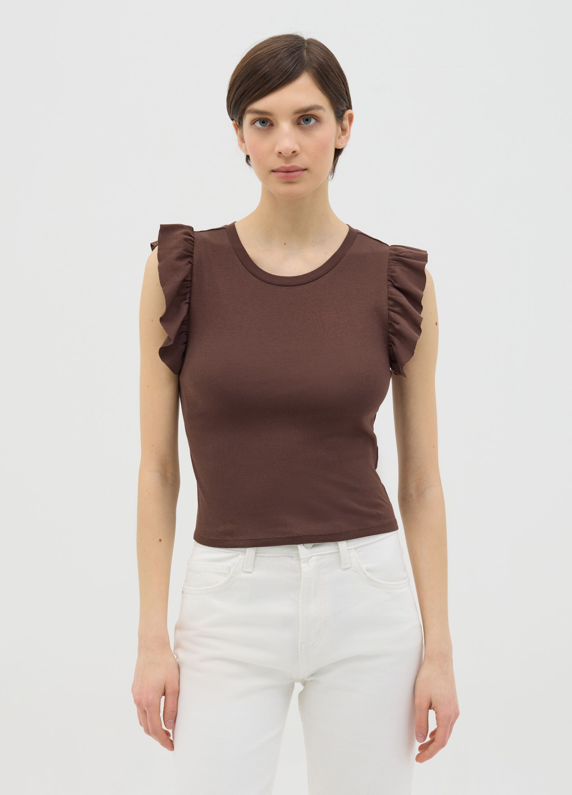 T-shirt da donna in puro cotone marrone regular fit con ruches