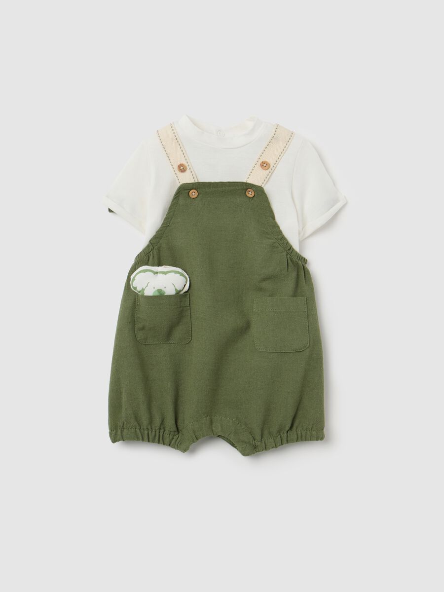 Baby set with green cotton and linen t-shirt and dungarees_0