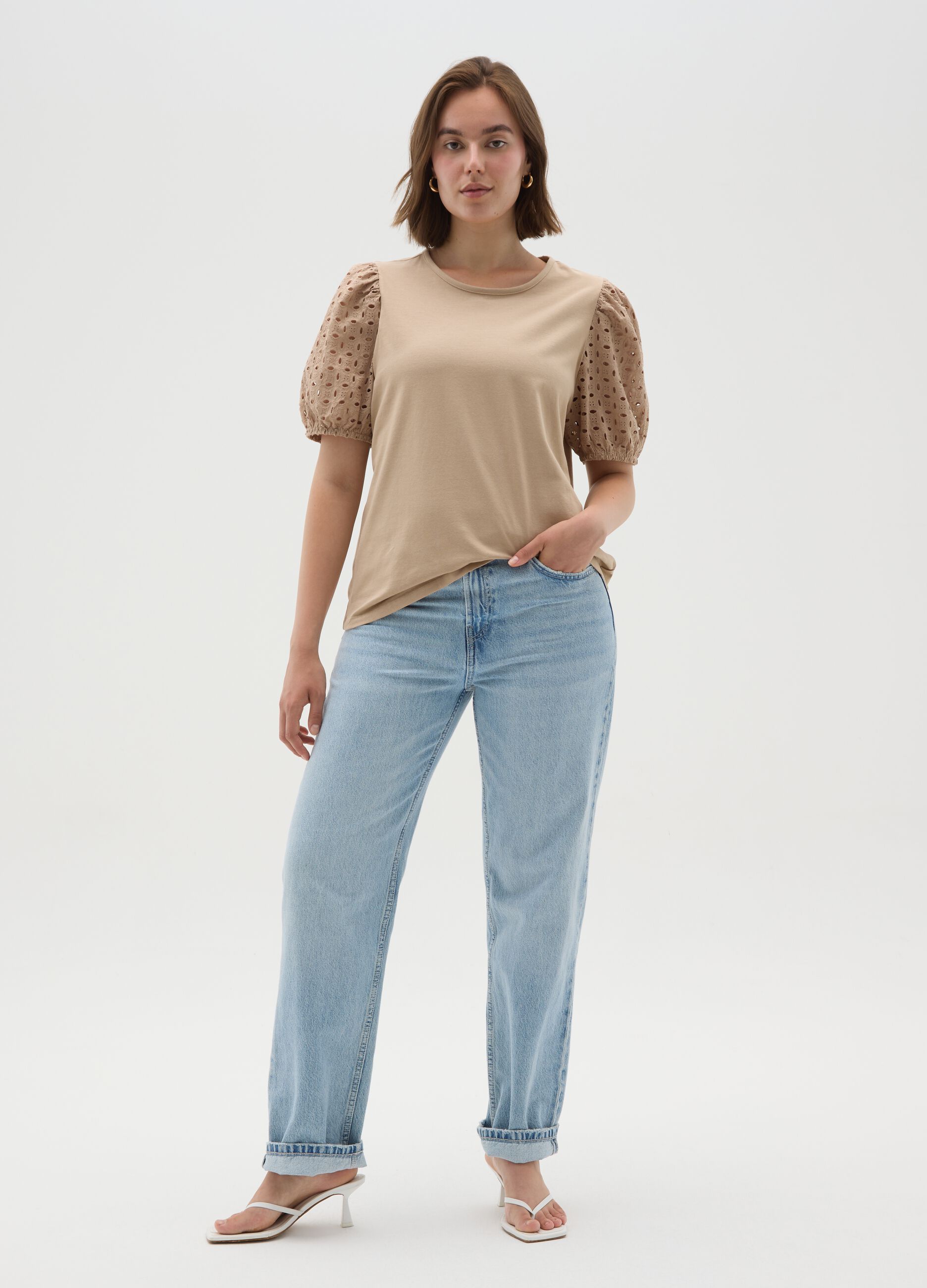 Beige regular fit women's cotton T-shirt with puff sleeves