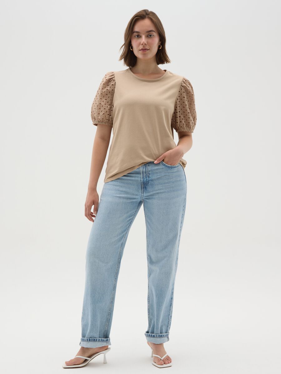 Beige regular fit women's cotton T-shirt with puff sleeves_1