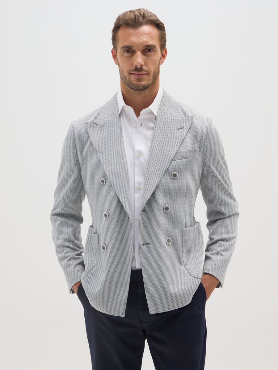 Blazer in misto cotone a quadri slim fit con bottoni_0