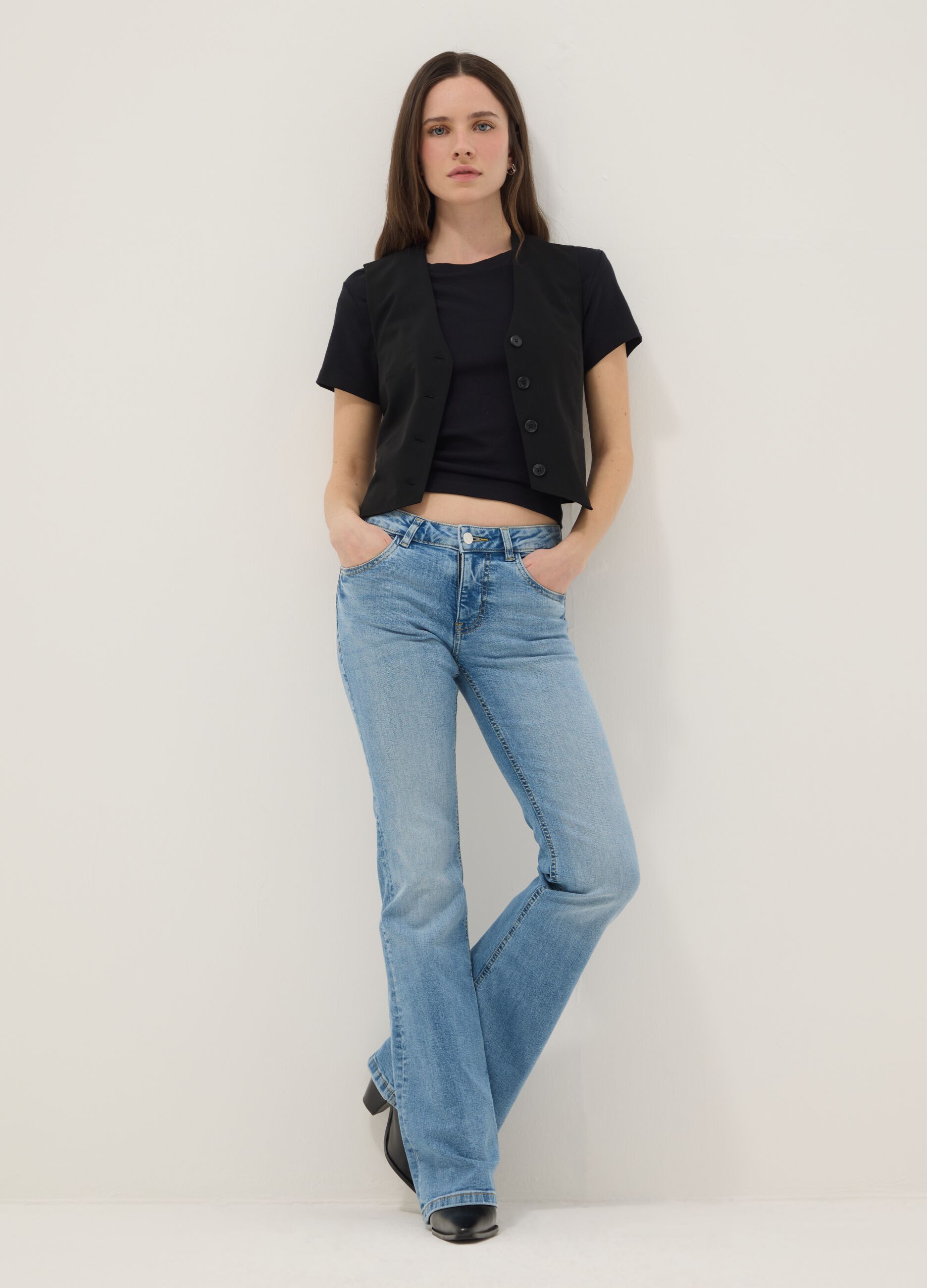 Light blue stretch cotton denim flare trousers