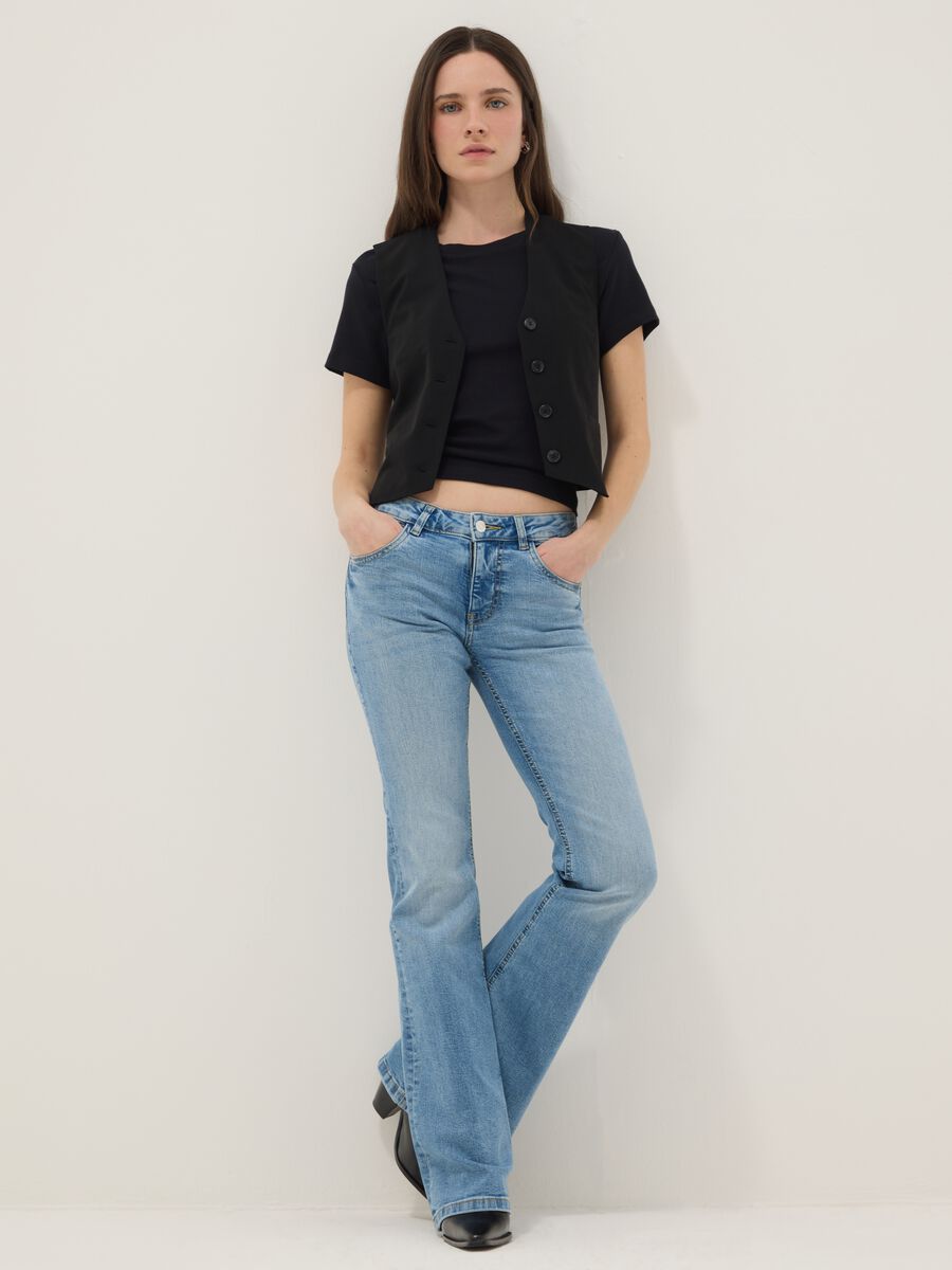 Light blue stretch cotton denim flare trousers_0