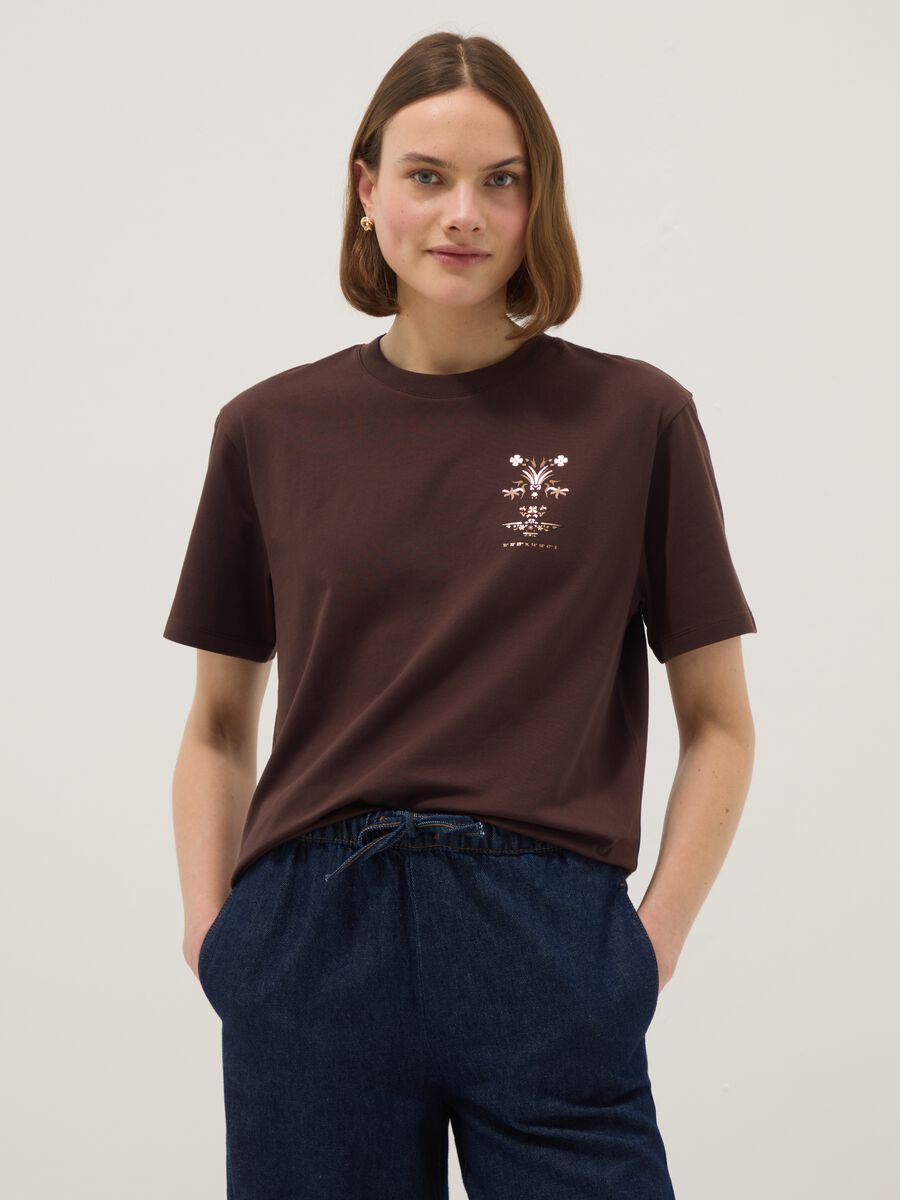 Brown pure cotton short-sleeve regular-fit T-shirt with print_0