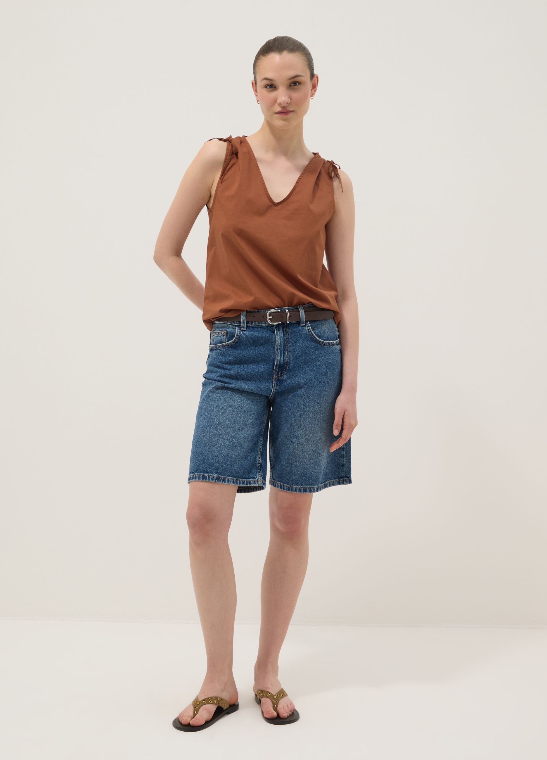Brown pure cotton V-neck blouse